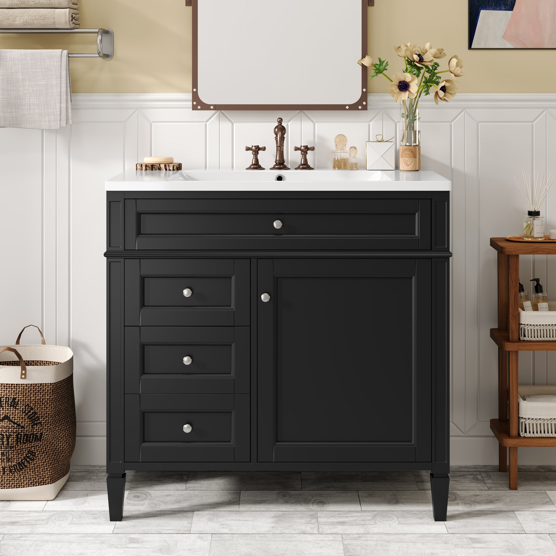 36'' Bathroom Vanity With Top Sink, Modern Bathroom Storage Cabinet With 2 Drawers And A Tip Out Drawer, Single Sink Bathroom Vanity Black Bathroom Solid Wood Mdf