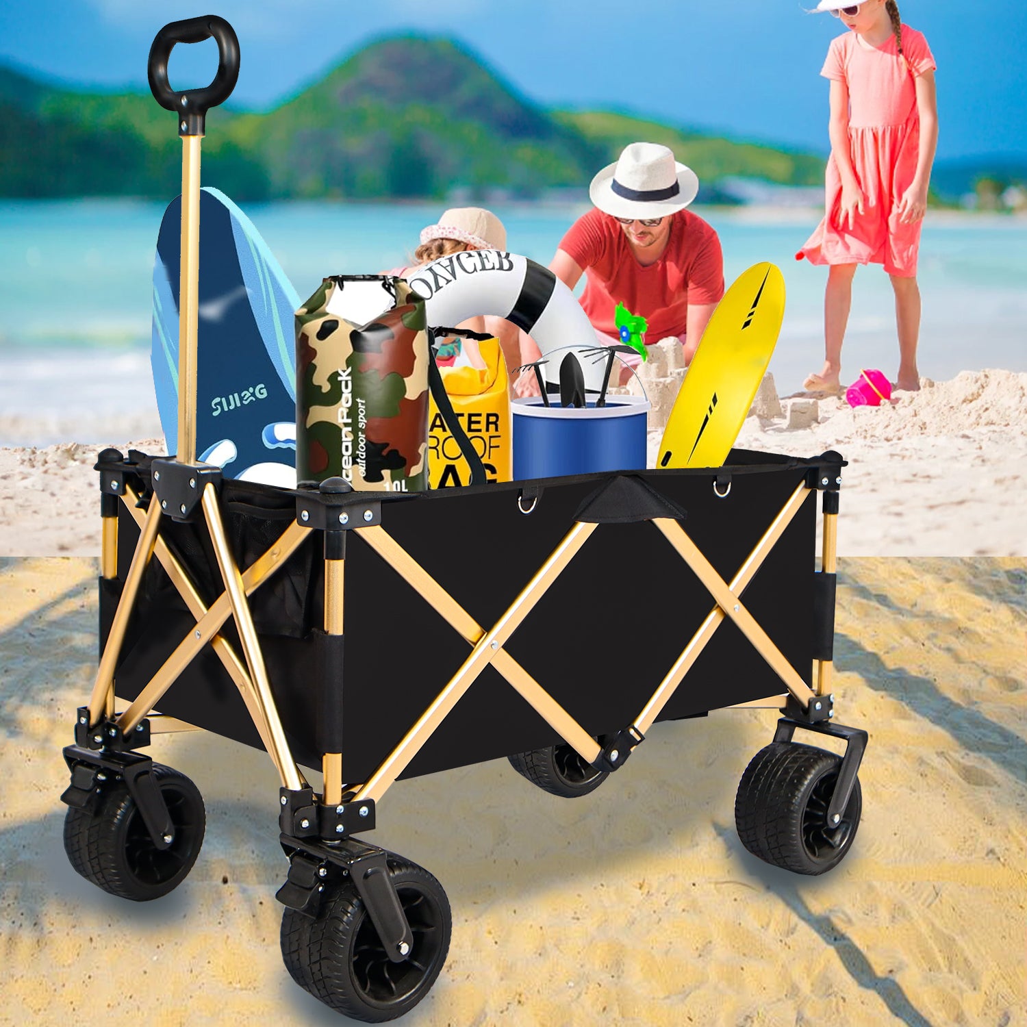 Aluminum Alloy Folding Wagon, Heavy Duty Utility Beach Wagon Cart For Sand With Big Wheels, Adjustable Handle&Drink Holders For Shopping, Camping,Garden And Outdoor Black Garden & Outdoor Fabric Aluminium Alloy