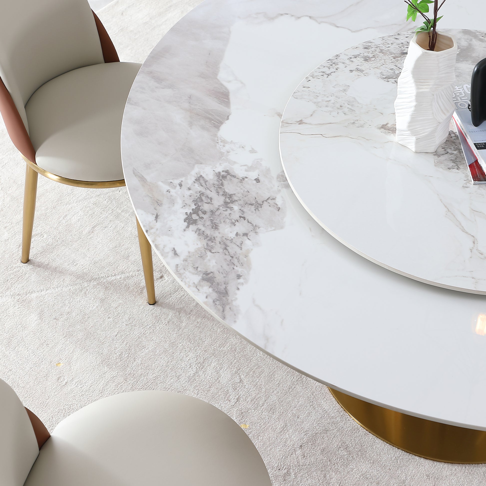 Modern Marble Dining Table, 59" Round Sintered Stone Table For Dining Room, Kitchen, Dinette, Compact Space With Lazy Susan 4 Chairs Gold,Gold White Dining Room American Design,Luxury Round