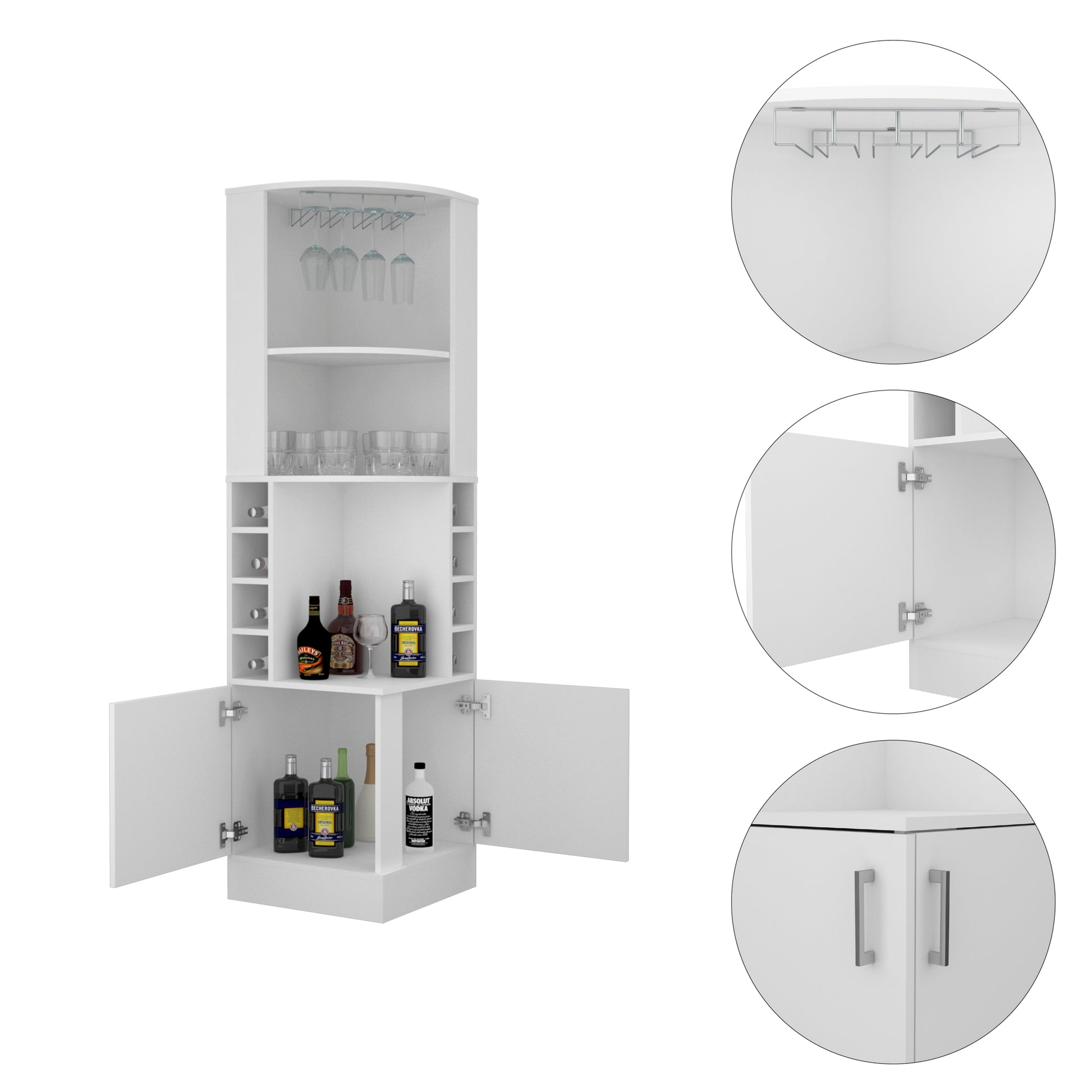 Seattle Bar Cabinet, Eight Bottle Cubbies, Two Large Open Shelves White Particle Board Engineered Wood