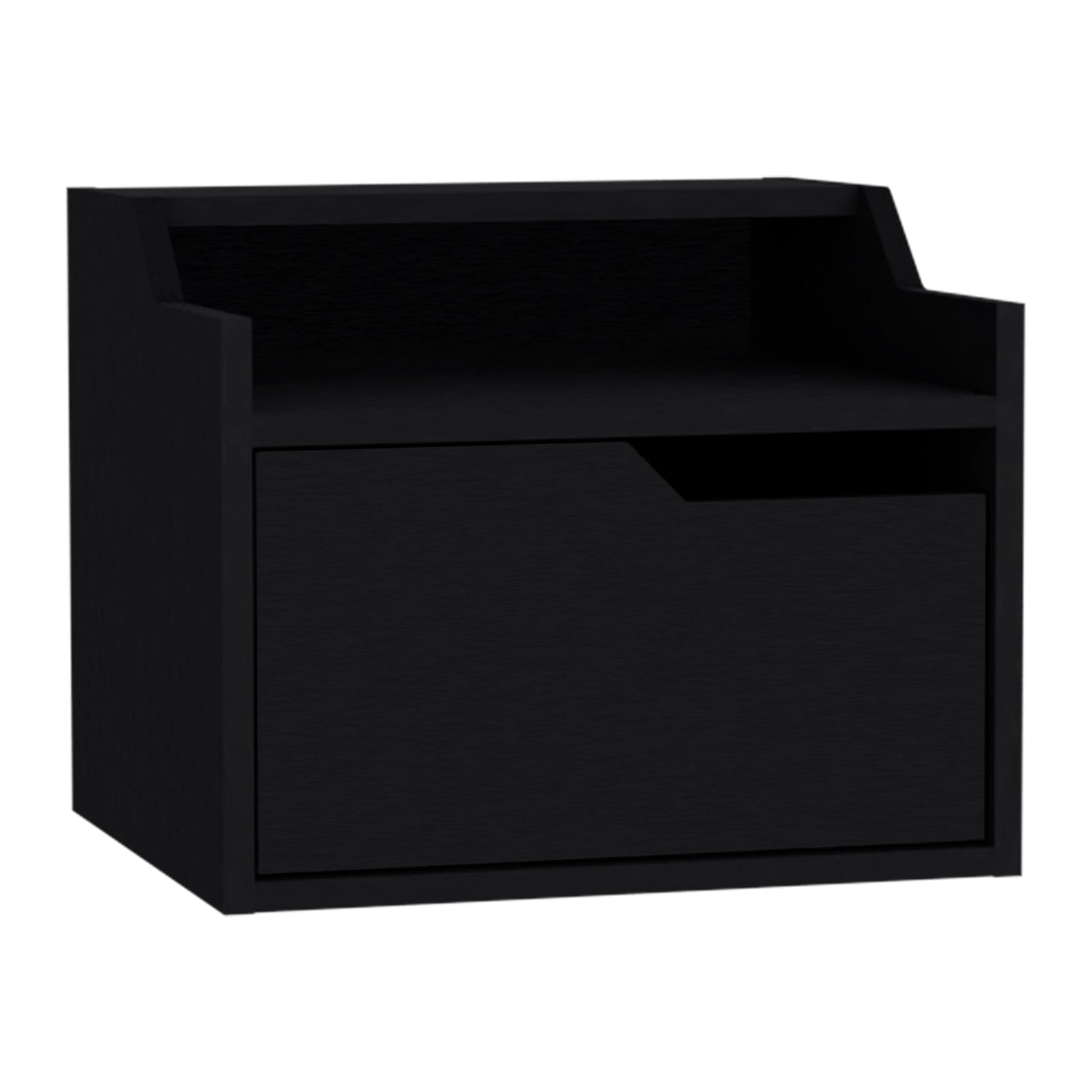 Winchester Floating Nightstand, Modern Dual Tier Design With Spacious Single Drawer Storage, Black Black Solid Wood Mdf Engineered Wood