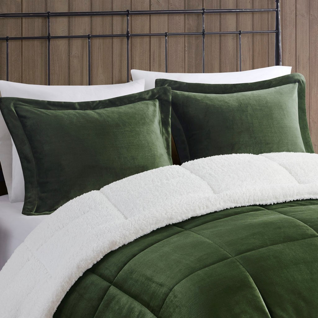 Plush To Sherpa Down Alternative Comforter Set Queen Green Ivory Polyester