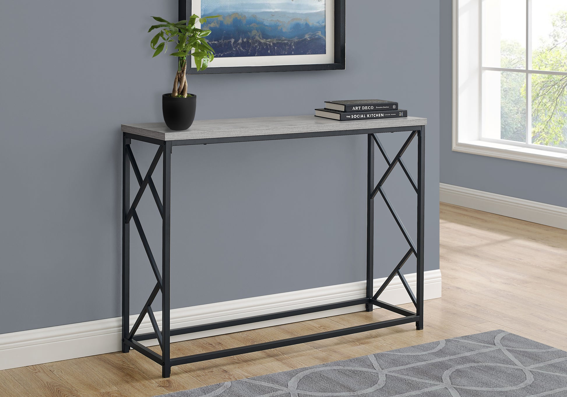 Accent Table, Console, Entryway, Narrow, Sofa, Living Room, Bedroom, Grey Laminate, Black Metal, Contemporary, Modern Grey Metal