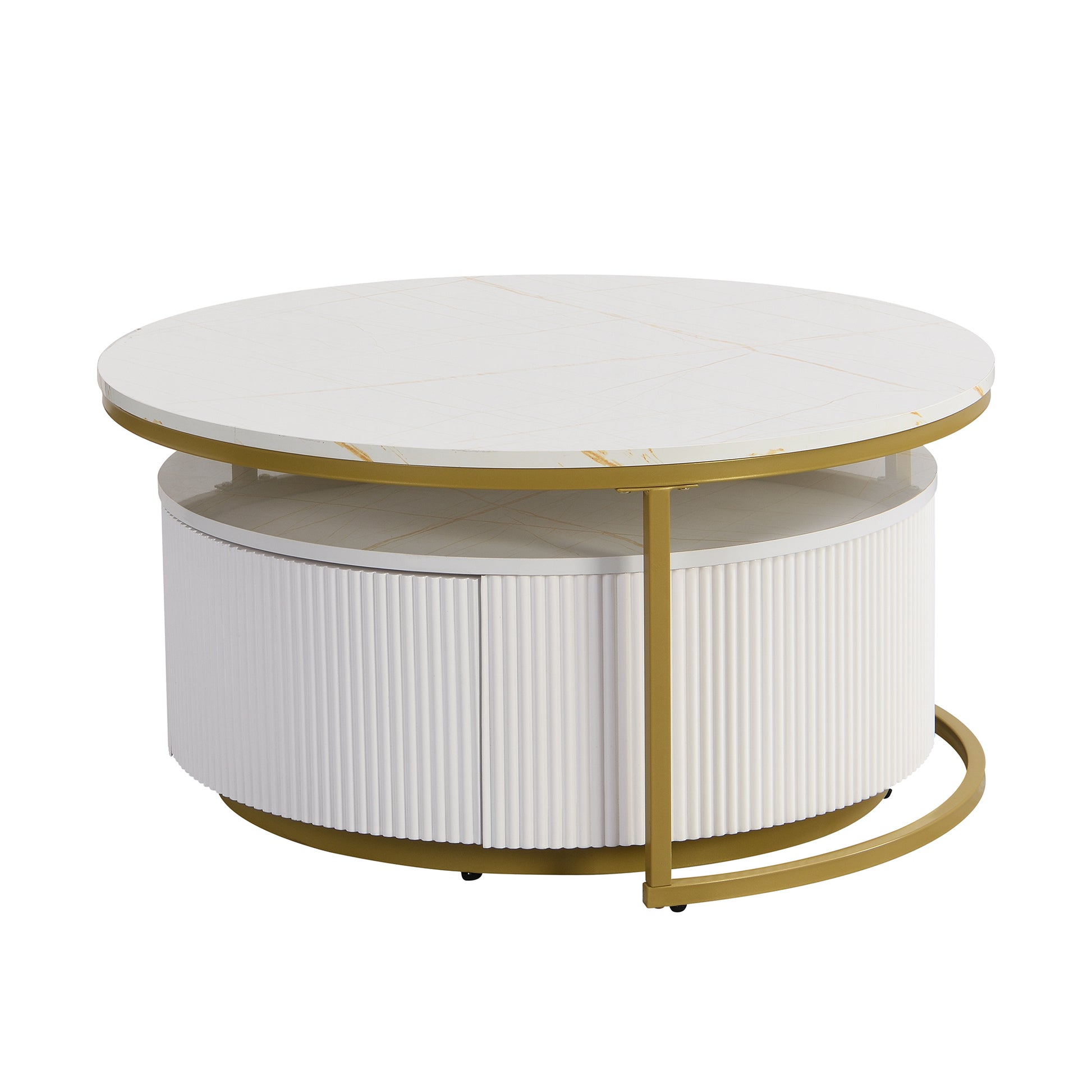 Modern Round Nesting Coffee Table Fluted With Drawer In White & Gold In 31.5'' Golden White Drawers Coffee & End Tables Glossy Round Metal Mdf Pedestal