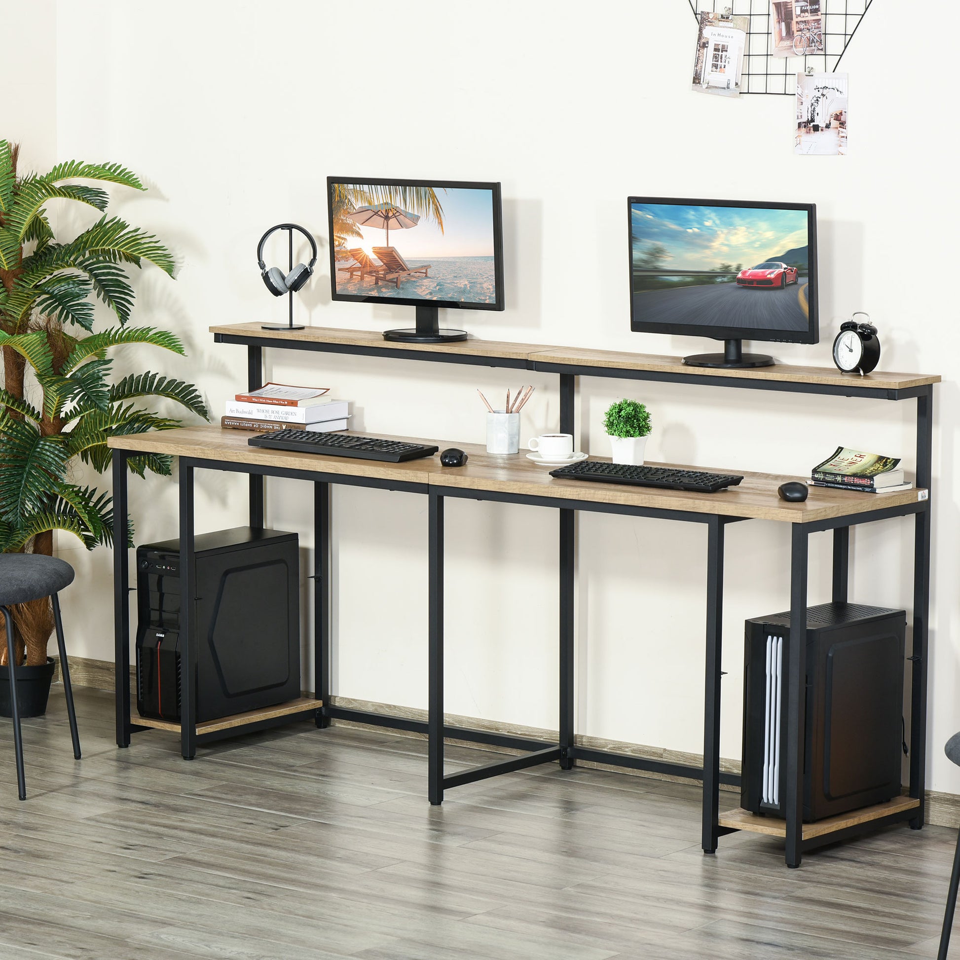 Homcom 78.75 Inches Double Computer Desk For Two Person, Extra Long Home Office Desk With Monitor Shelf And Cpu Stand, Brown Tan Mdf