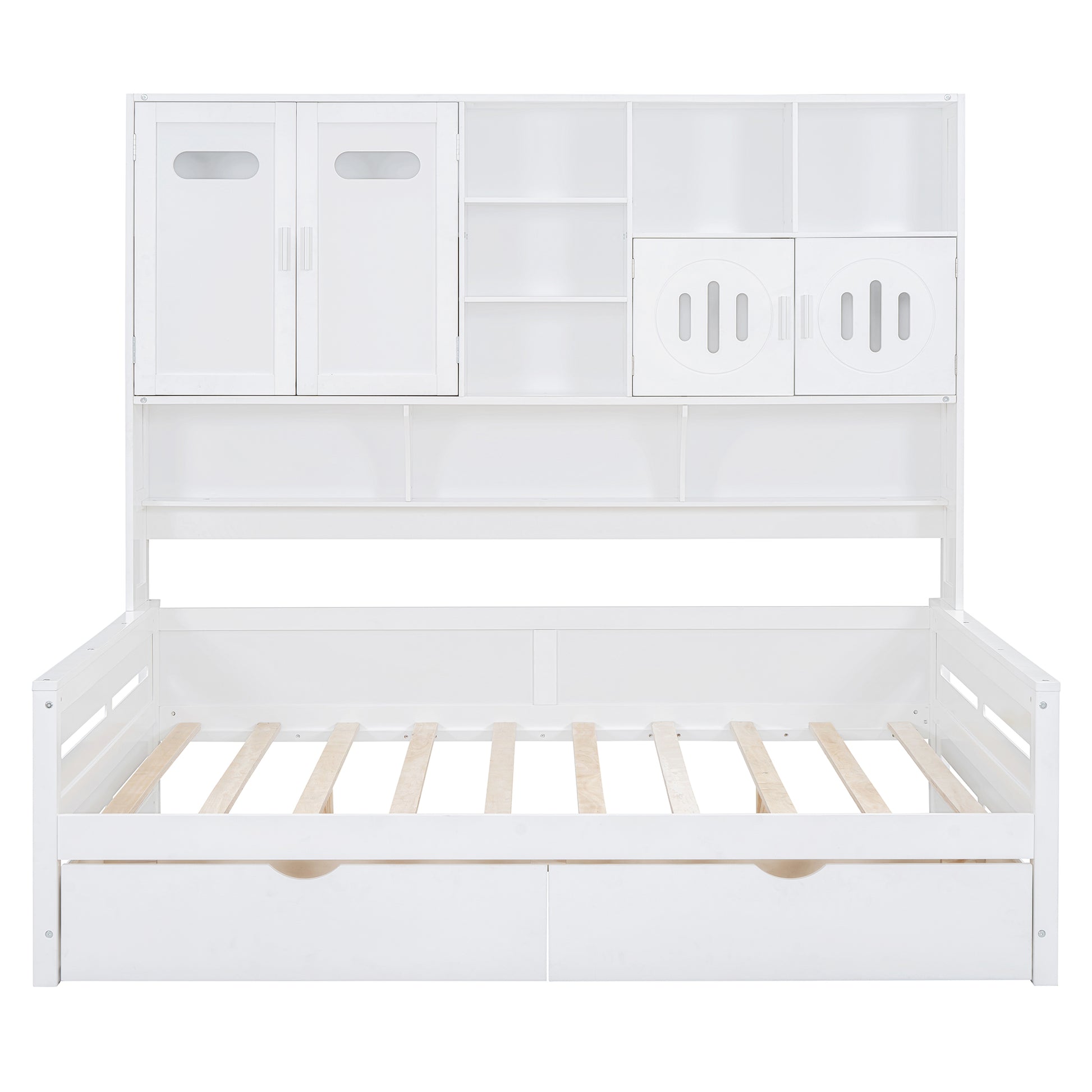 Full Size Wooden Daybed With 2 Drawers, And All In One Cabinet And Shelf, White Full White Wood