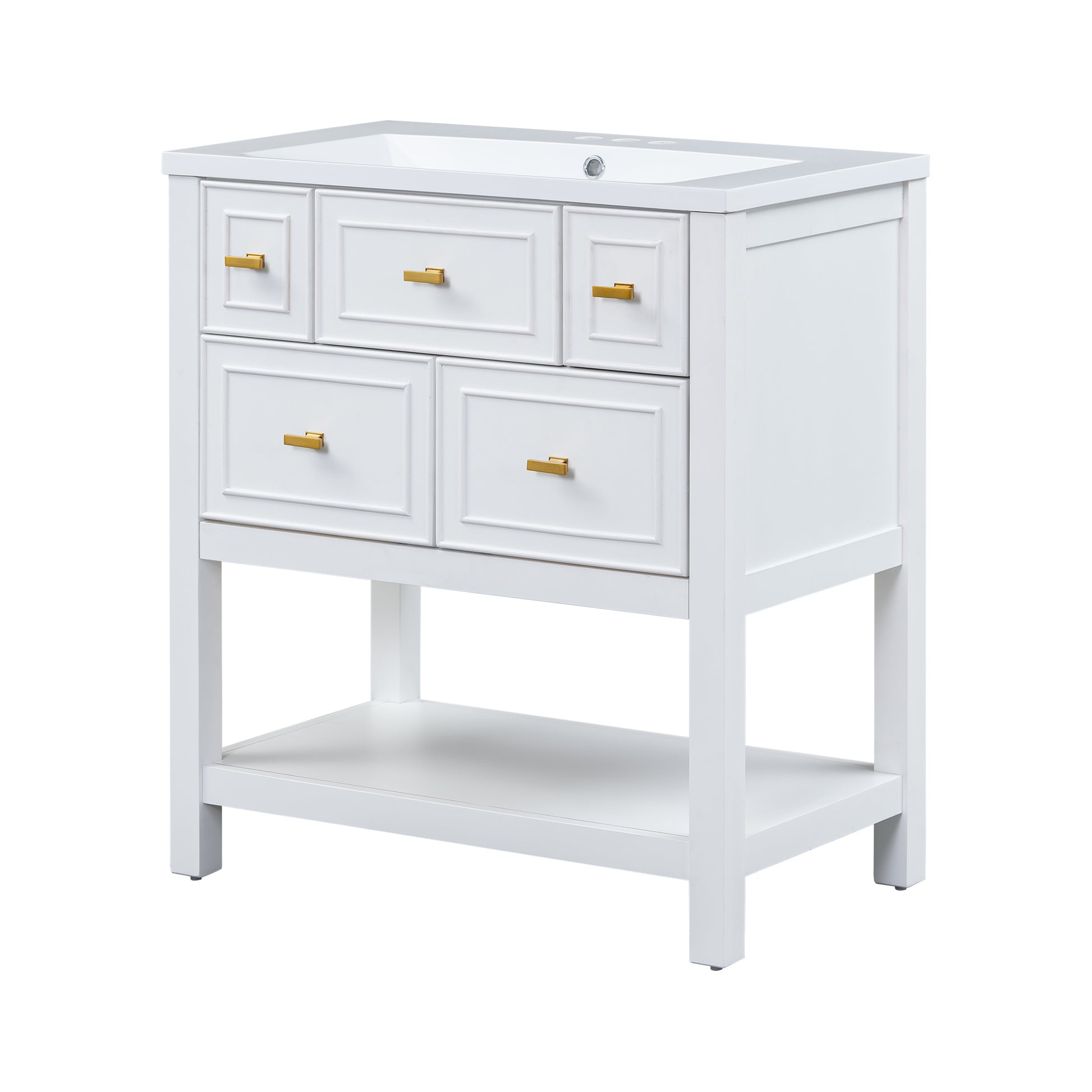 30'' Bathroom Vanity With Resin Sink Combo, Free Standing Single Vanity Set With 5 Drawers, Solid Wood Frame Bathroom Storage Cabinet, White 4 White 1 Bathroom Freestanding Modern Solid Wood Mdf Resin Painted