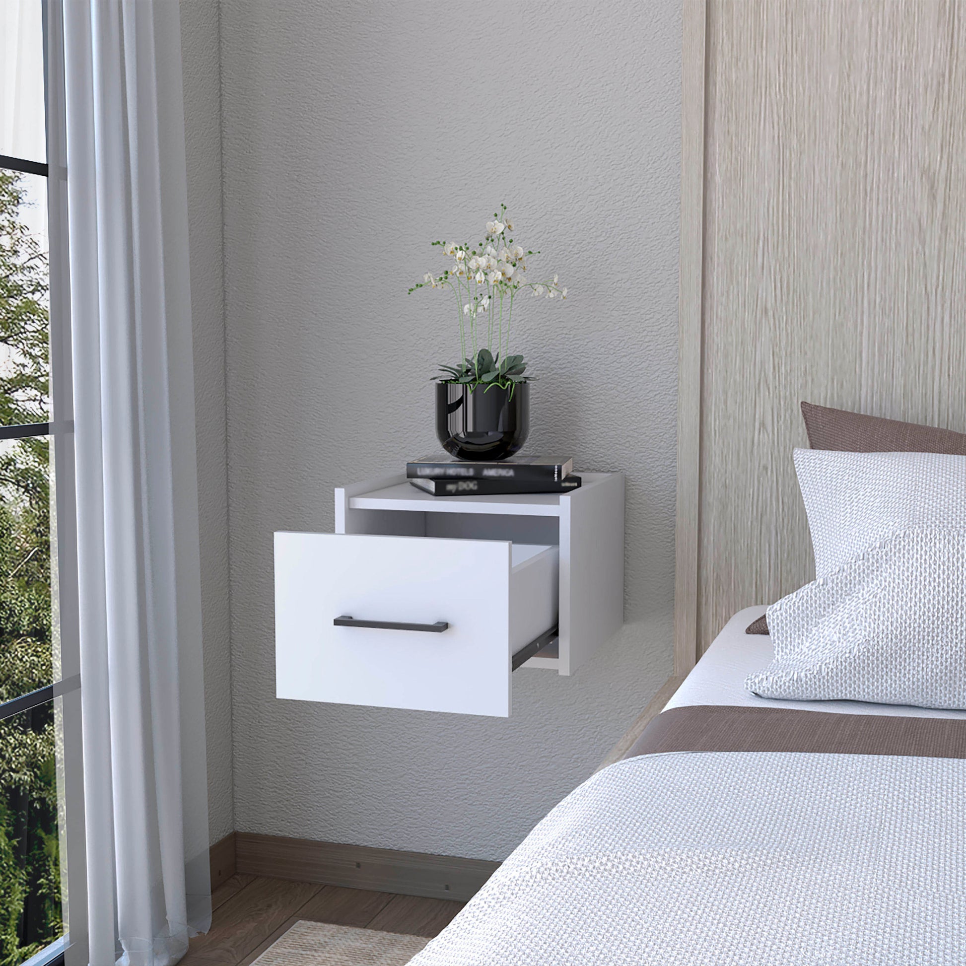 Elfrida Wall Mounted Nightstand, Sleek Single Drawer Design With Spacious Top Shelf White 1 Drawer Bedroom Bedside Cabinet Storage Melamine Engineered Wood