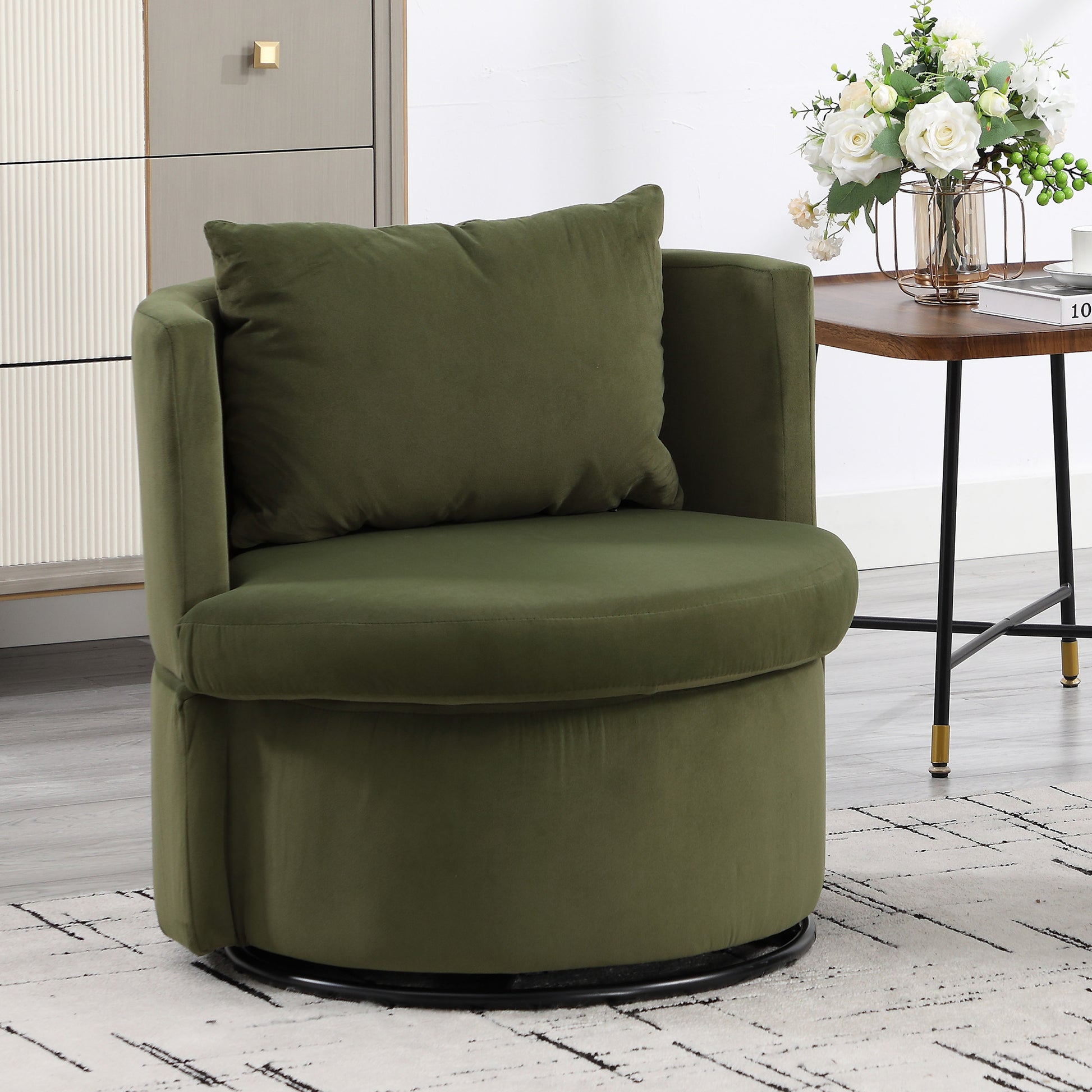 Upholstered Barrel Accent Chair With Ottoman, Living Room Side Chair With Storage, Single Sofa Armchair Olive Primary Living Space Foam Wood