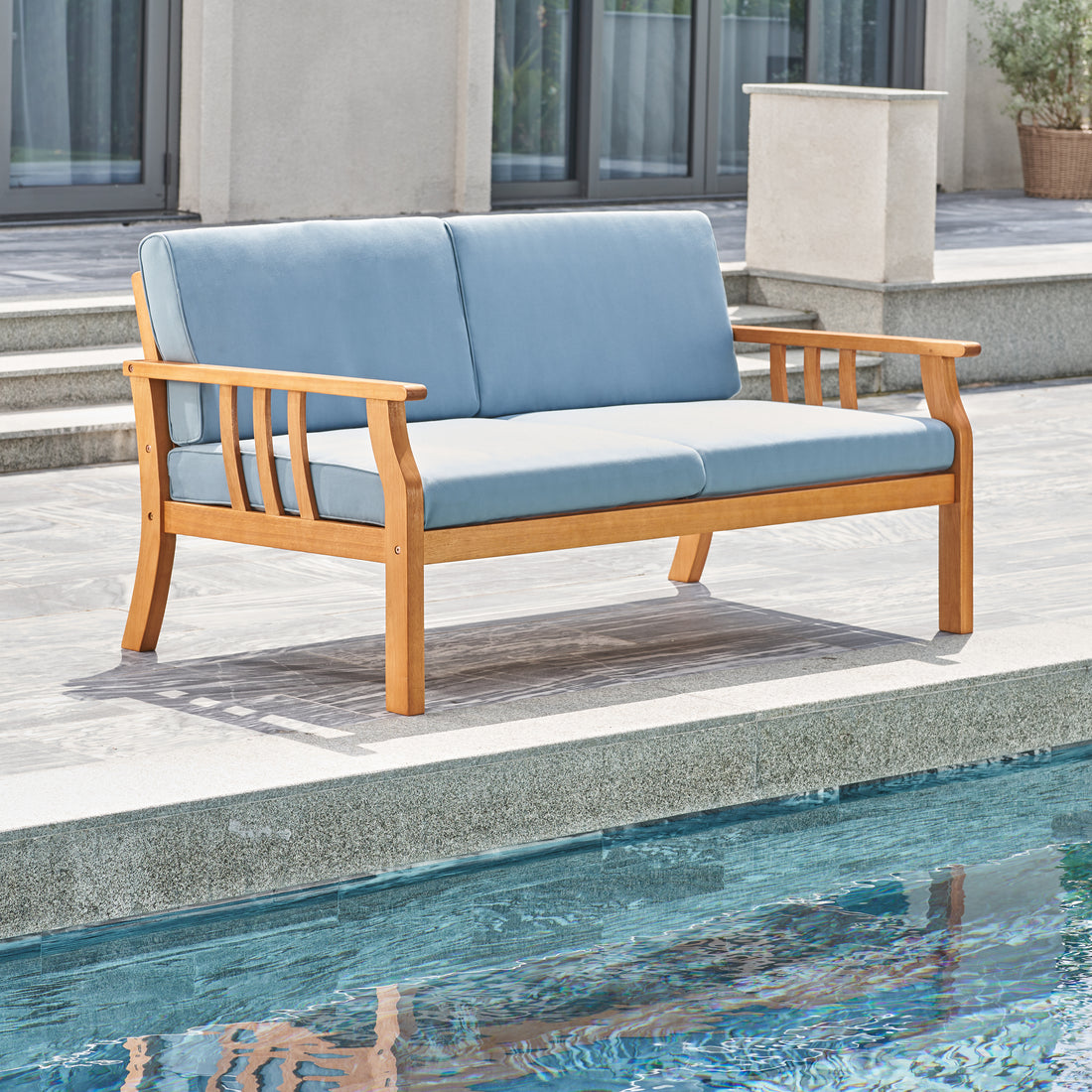 Kapalua Honey Nautical Eucalyptus Wooden Outdoor Sofa Bench With Cushion Honey Eucalyptus