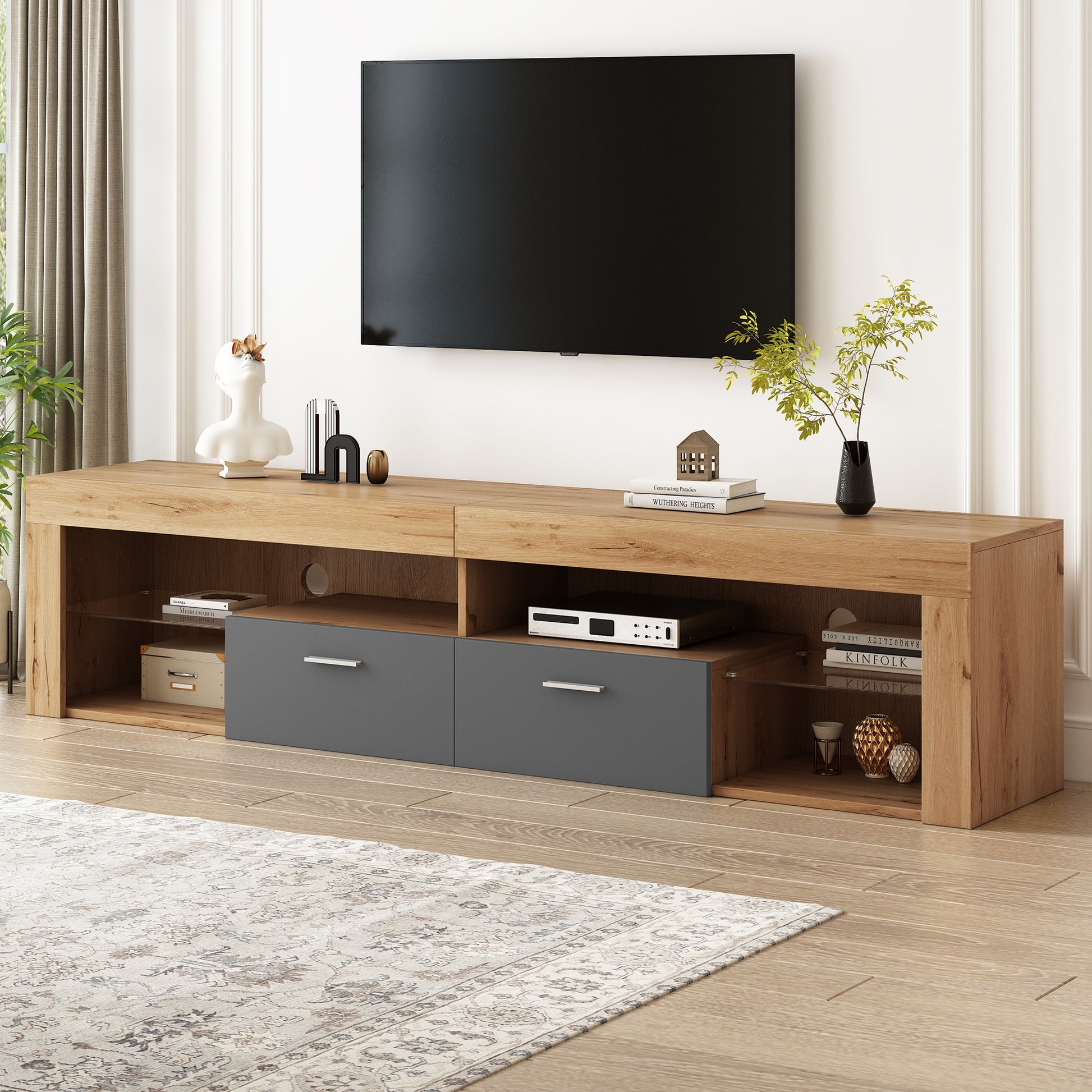 Modern Design Tv Stands For Tvs Up To 80'', Led Light Entertainment Center, Media Console With 6 Storage Cabinets, Tv Cabinet For Living Room, Bedroom, Home Theatre Black,Wood Brown Primary Living Space 70 79 Inches 70 79 Inches Modern 75 Inches Particle