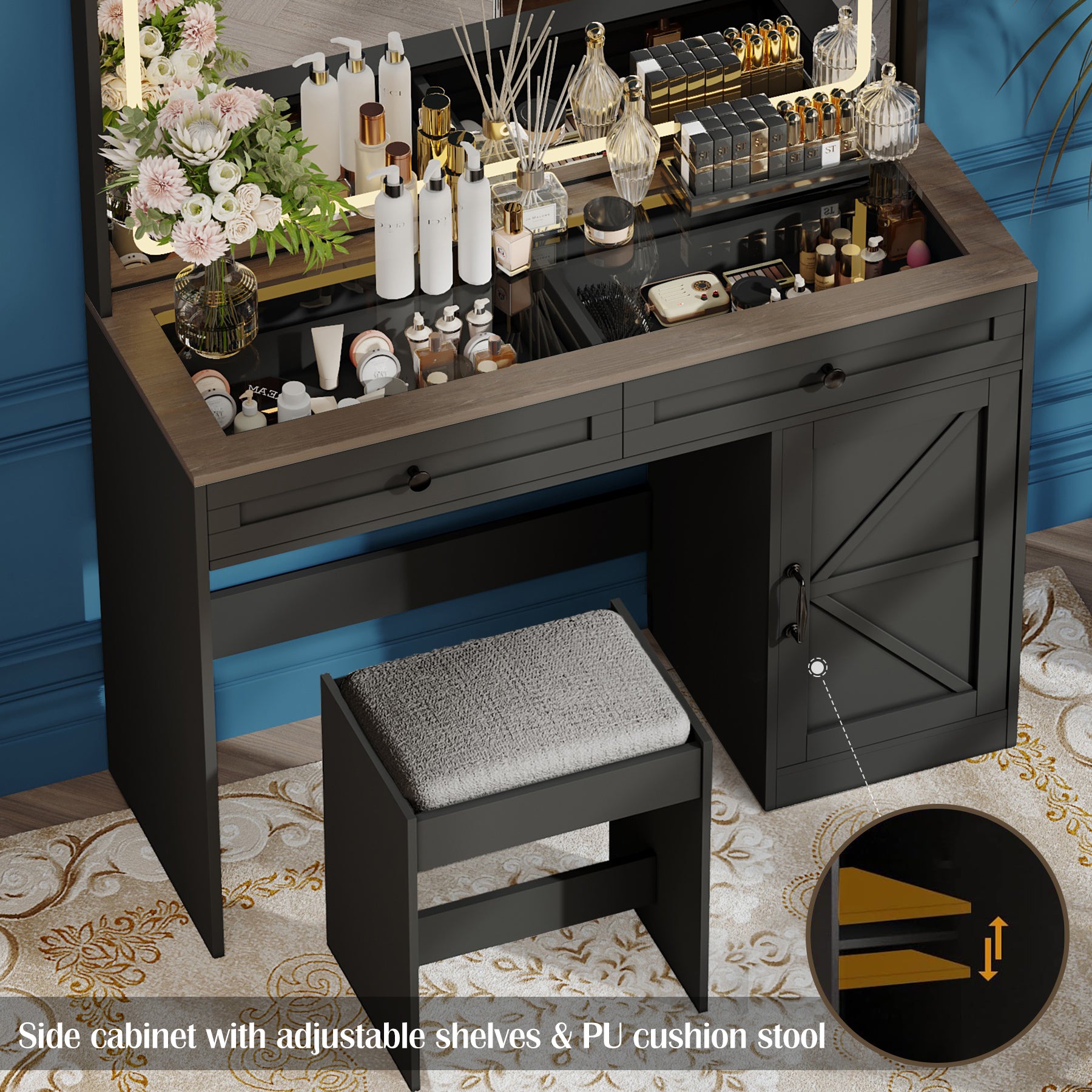 43.3"Makeup Vanity Table, Makeup Table With Large Mirror And Led Light Strip, Brightness Adjustable, Dressing Table Desk With 3 Drawers, Vanity Desk For Women Black With Stool Black Particle Board