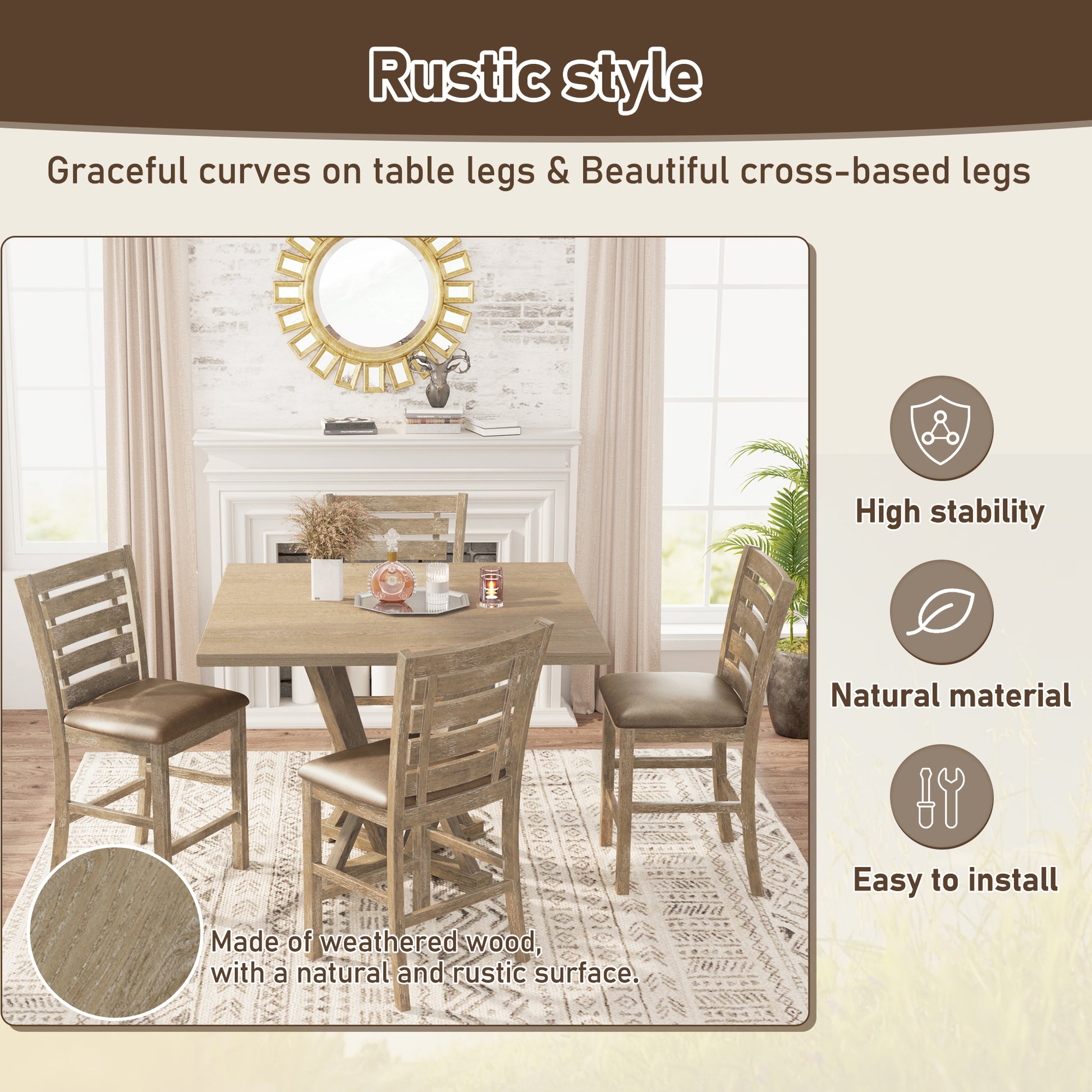 5Pcs Set Counter Table Set Square Counter Table Solid Wood Modern Farmhouse Rustic Look Distressed Look Light Brown Dining Room Fixed Table Rubberwood Square Dining Table With Chair Wood Grayish Brown Ladder Back Seats 4 48 Inches American