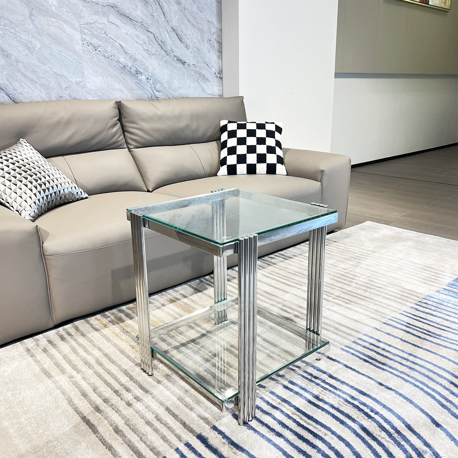 Silver Stainless Steel Double Layer Clear Tempered Glass End Table For Bed Room, Living Room Silver Clear Modern Square Stainless Steel,Tempered Glass