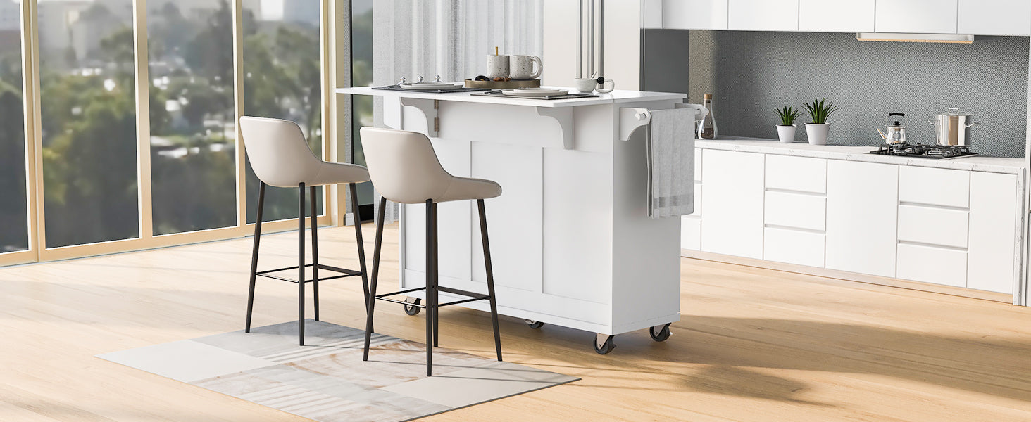 K&K 53.2'' Kitchen Island With Drop Leaf, Kitchen Storage Cart With Spice Rack, Towel Rack And 2 Drawers, Rolling Kitchen Island On Wheels With Adjustable Shelves For Kitchen, Dining Room, White White Brown Kitchen Artsy,Casual,Classic,Minimalist,Modern