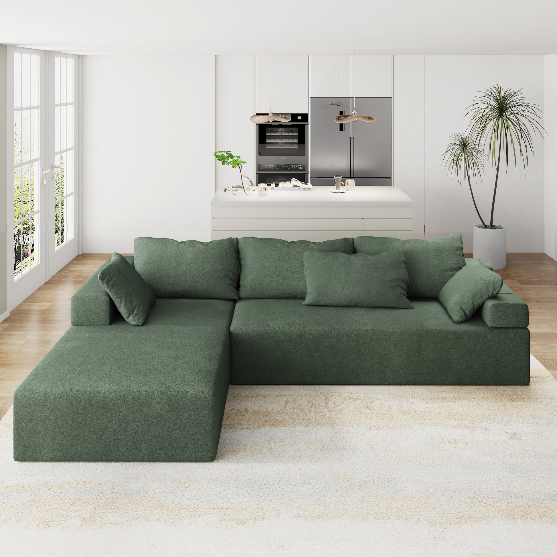 Modern Upholstered Sectional Sofa Couch Set,Modular 108" L Shaped Sectional Living Room Sofa Set With 6 Pillows,Free Combination Sofa Couch For Living Room,Bedroom Left Chaise Green Foam Chenille 3 Seat