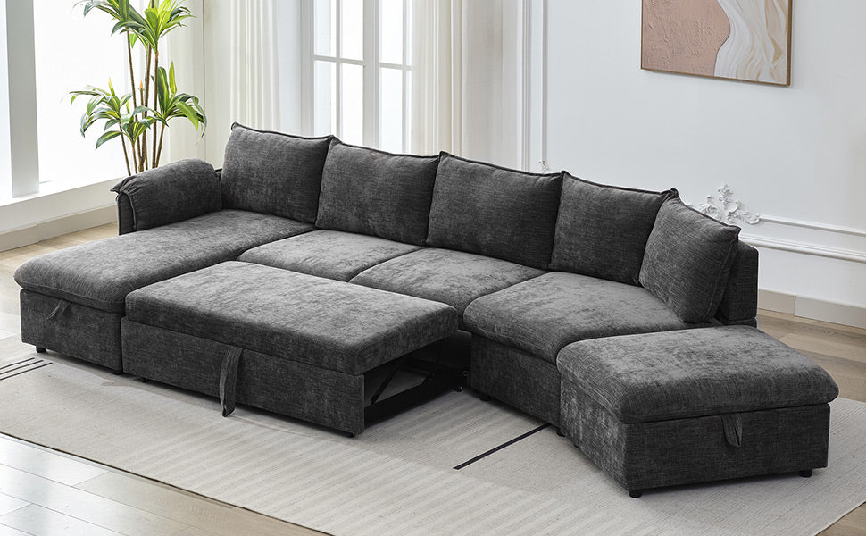 146.9" L Shaped Sofa Sectional Sofa Couch Pull Out Sofa Bed With A Movable Storage Ottoman, A Storage Chaise Lounge And Two Usb Ports For Living Room, Grey Grey Foam Linen 5 Seat