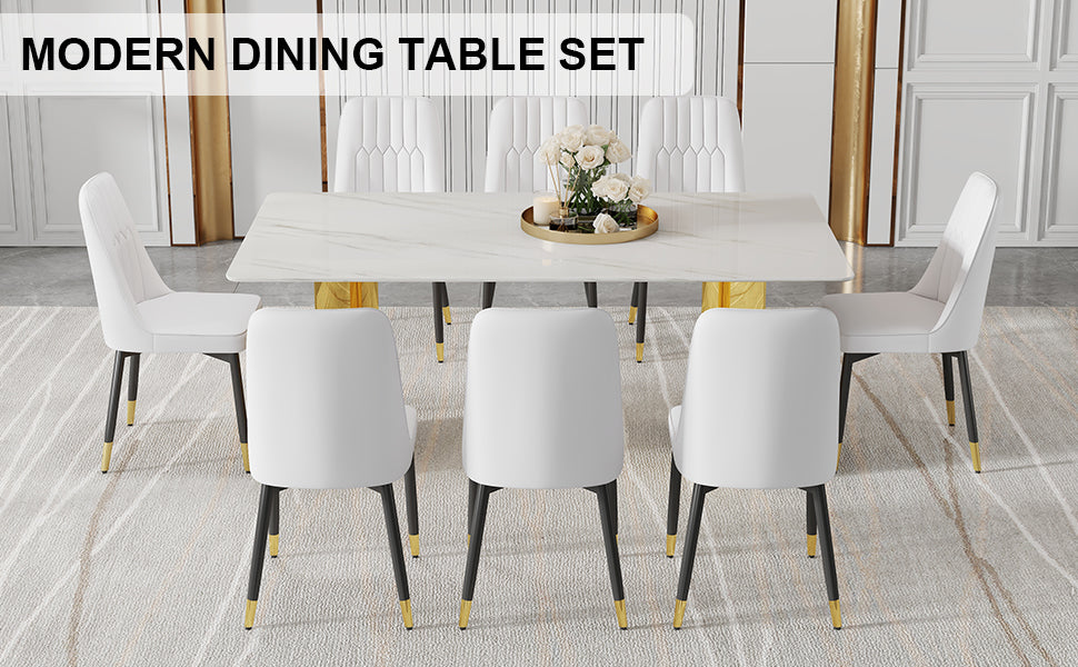 Table And Chair Set.The Table Has A Glass Top With Imitation Marble Pattern Stickers And Stainless Steel Golden Legs. Paried With Chairs With Pu Artificial Leather Backrest Cushions And Black Legs. White Gold Seats 8 Glass Metal