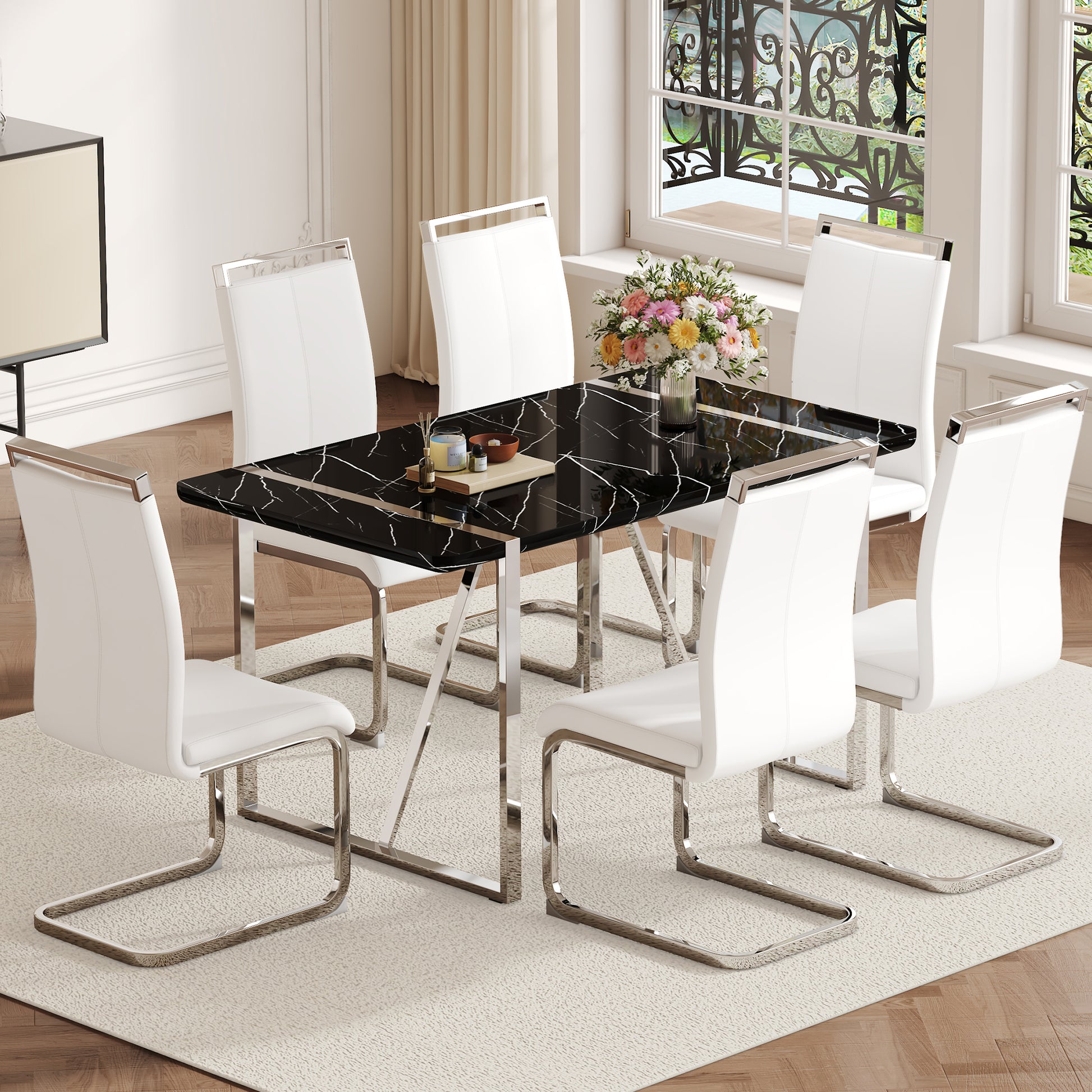 Table And Chair Set.A Rustic Industrial Rectangular Mdf Black Dining Table With Mdf Desktop And Electroplated Silver Metal Legs.Paried With 6 Chairs With Pu Cushion And Metal Legs. White Black Seats 6 Mdf Metal