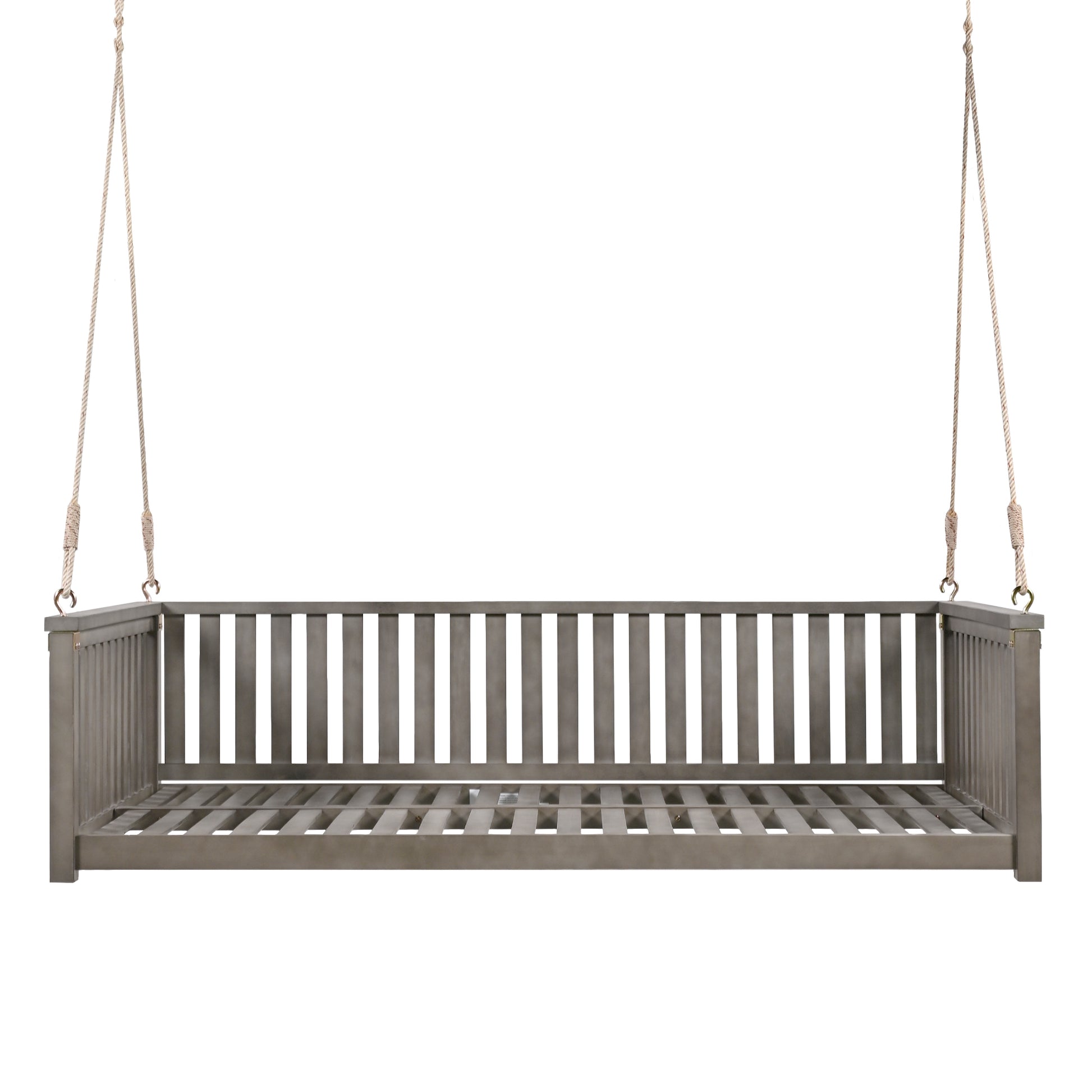 Patio Minimalist Twin Size Garden Swing Bed Wood Porch Swing With Ropes For Backyard, Safe Sloped Design, Gray Gray Weather Resistant Frame Garden & Outdoor Minimalist 2 Person Seating Group Acacia