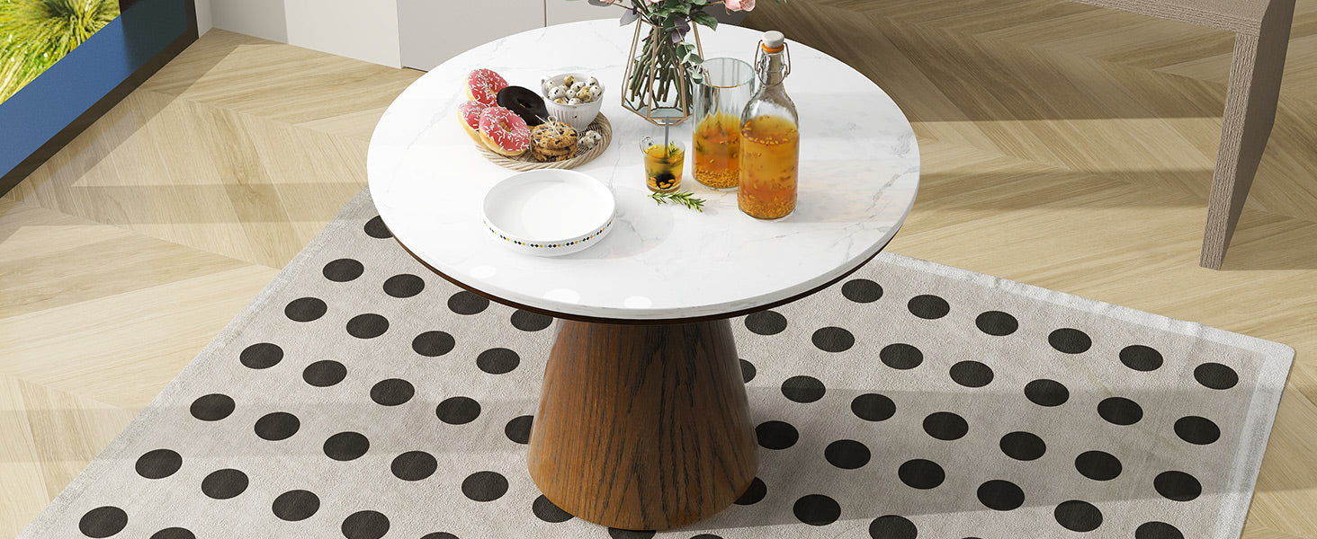 Retro Round Dining Table Minimalist Elegant Table For Living Room, Dining Room White Brown Brown White Rubber Wood