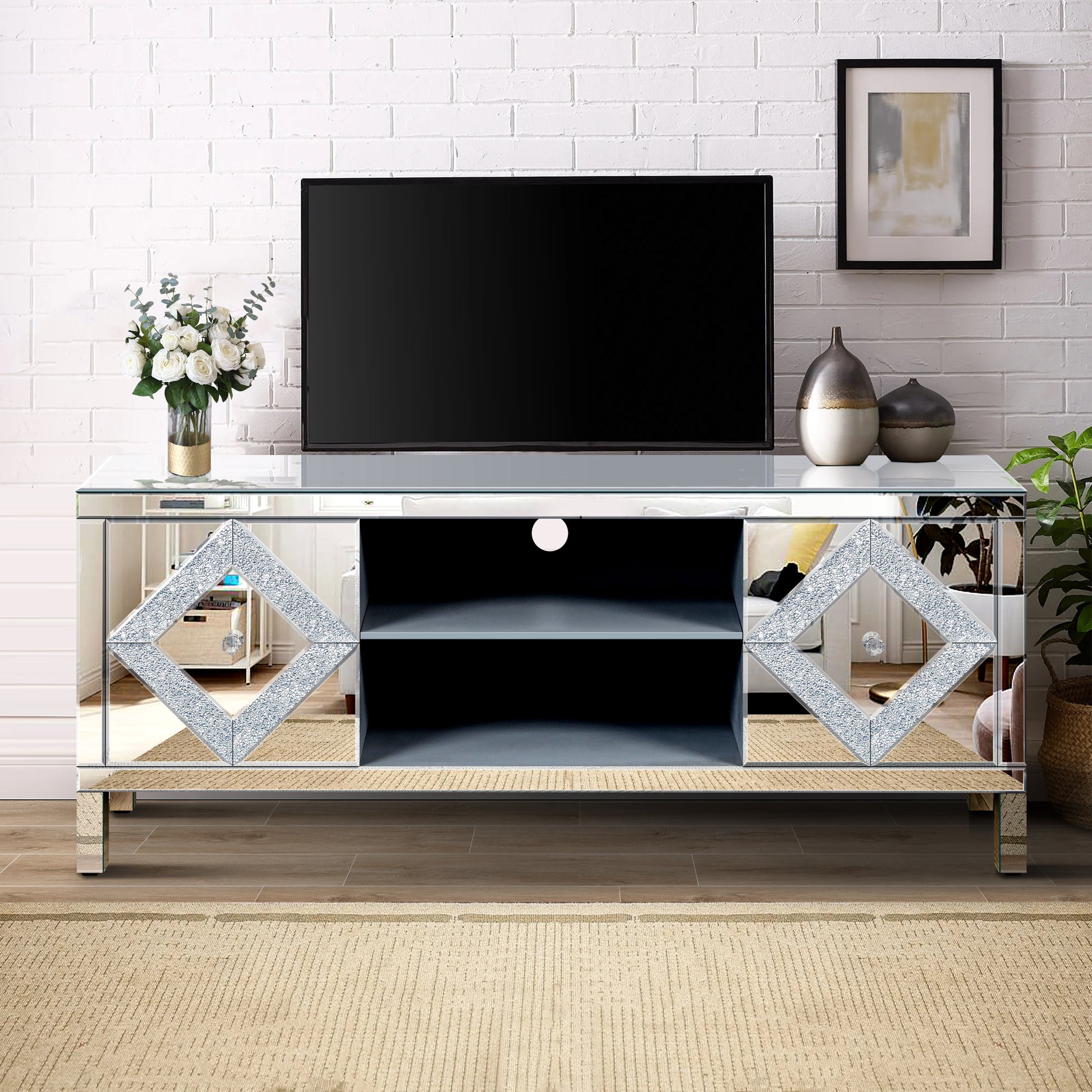 Mirrored Tv Stand For 65 Inch Tv,Sliver Tv Console Table With Open Storage & 2 Storage Cabinets ,Diamond Shape Sparkling Mirror Doors For Living Room 59''W X 25.2''H X 15.7D 1 2 Shelves Glass Pane