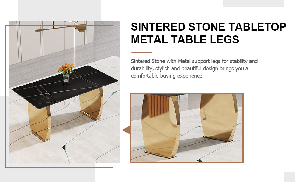 Table And Chair Set,Modern Rectangular Table With 0.4 Inch Black Patterned Tabletop And Gold Legs, Suitable For Kitchen, Dining Room, And Living Roomcomfortable Pu Seats,Perfect For Dinner, Meet Black Seats 4 Sintered Stone