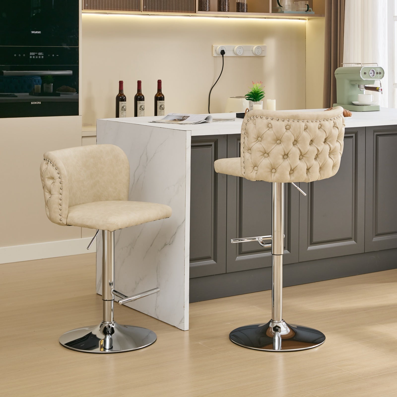 Swivel Barstools Adjusatble Seat Height With Chrome Base, Modern Pu Upholstered Bar Stools With The Whole Back Tufted, For Home Pub And Kitchen Island,Beige, Set Of 2 Beige American Design Bar Stools Set Of 2 Foam Pu Leather