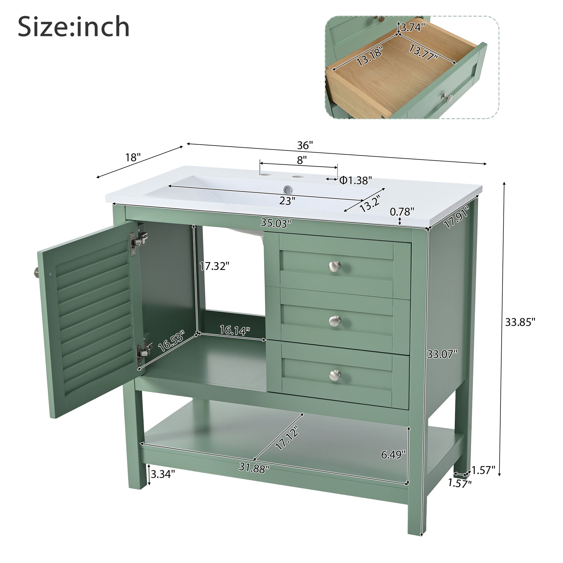 36'' Bathroom Vanity With Undermount Sink, Free Standing Vanity Set With 2 Drawers& Soft Closing Doors, Bathroom Storage Cabinet With Solid Wood Feet, Green 2 Green 1 1 Adjustable Hinges Bathroom Freestanding Modern Solid Wood Mdf Resin Painted