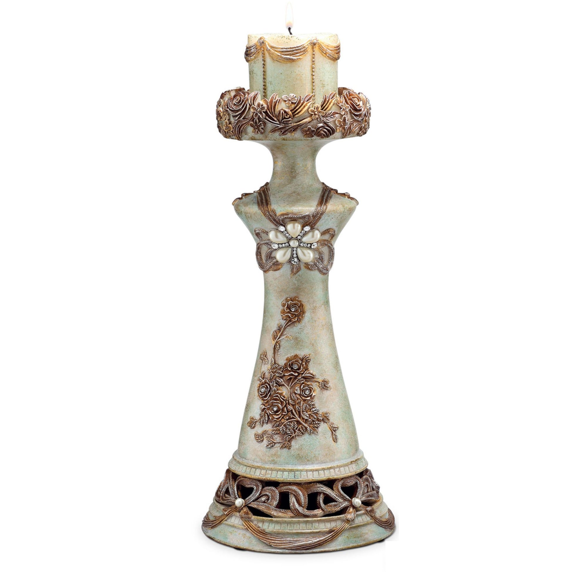 11.75" And 15.5" Polyresin Candleholder, Vintage Rose Design Set Of 2 Beige Polyresin