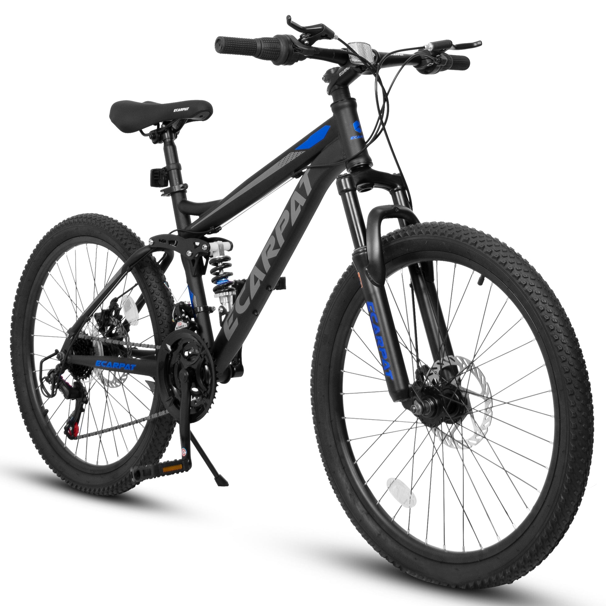 Ecarpat Mountain Bike 24 Inch Wheels, 21 Speed Full Suspension Mens Womens Trail Commuter City Mountain Bike, High Carbon Steel Frame Disc Brakes Grip Shifter Front Fork Rear Shock Absorber Bicycles Cycling Black Without Durable Garden & Outdoor Classic