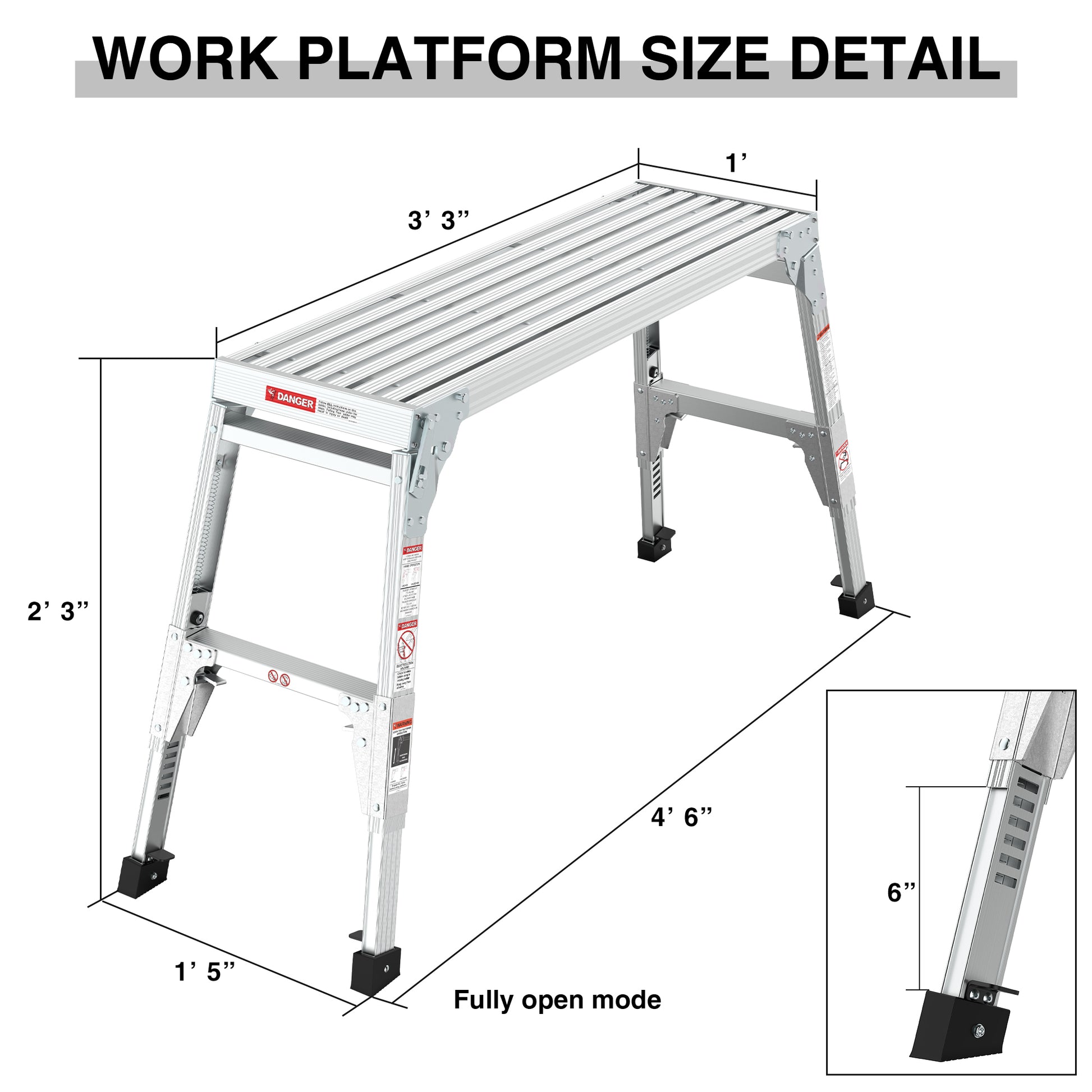 Aluminum Work Platform Large Size Step Stool Folding Portable Work Bench 40" Width Telescopic Feet 22" 27.5" Height Adjustable Grey Aluminium Alloy