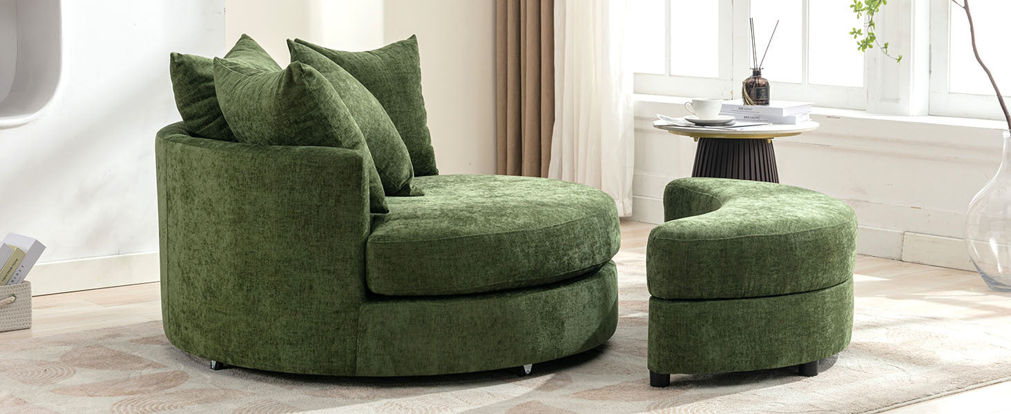 Orisfur. 360 Swivel Accent Barrel Chair With Storage Ottoman & 4 Pillows, Modern Chenille Leisure Chair Round Accent For Living Room, Green Green Foam Chenille