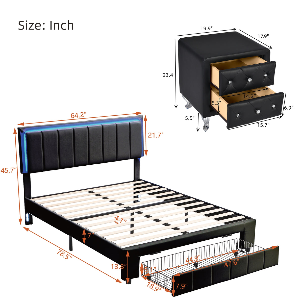 3 Pieces Bedroom Sets,Queen Size Upholstered Bed With Led Lights And Two Motion Activated Night Lights,Pu Nightstand With 2 Drawers And Crystal Handle,Black Queen Black 3 Piece Set Wood
