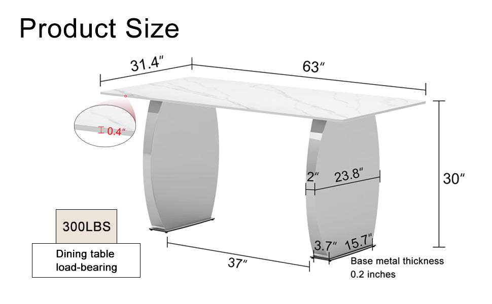 Modern Rectangular Dining Table, 0.4 Inch White Patterned Top, Silver Legs, Suitable For Kitchen, Dining Room, Living Room 63 Inches * 31.4 Inches * 30 Inches White Silver Sintered Stone