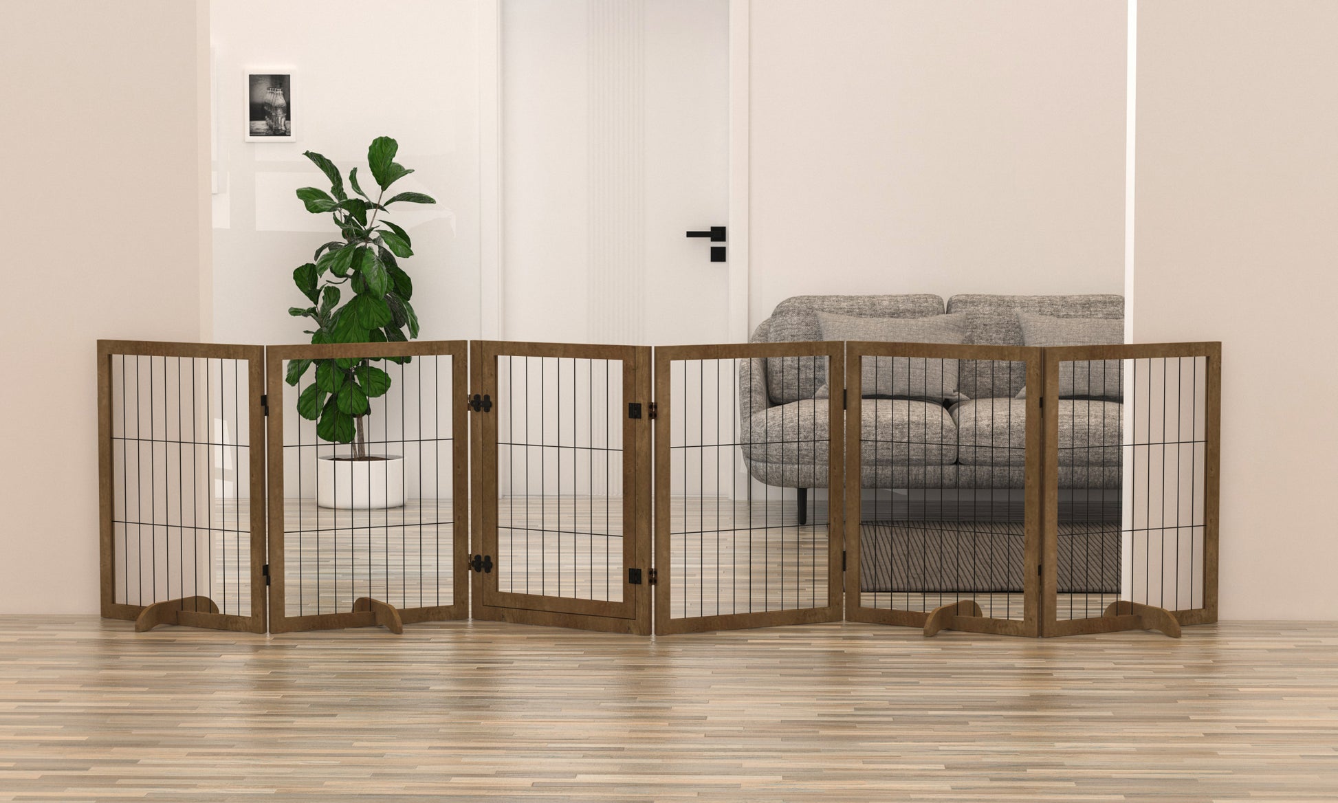 Dog Gate With Door Pet Dog Fence Barrier 6 Panels 144 Inch Wide 32 Inch Tall Foldable Multiple Shapes Freestanding With Support Feet Indoor Use For House Doorway Stairs Plant Stand Brown Pet Barrier Medium 26 40 Lbs Solid Wood