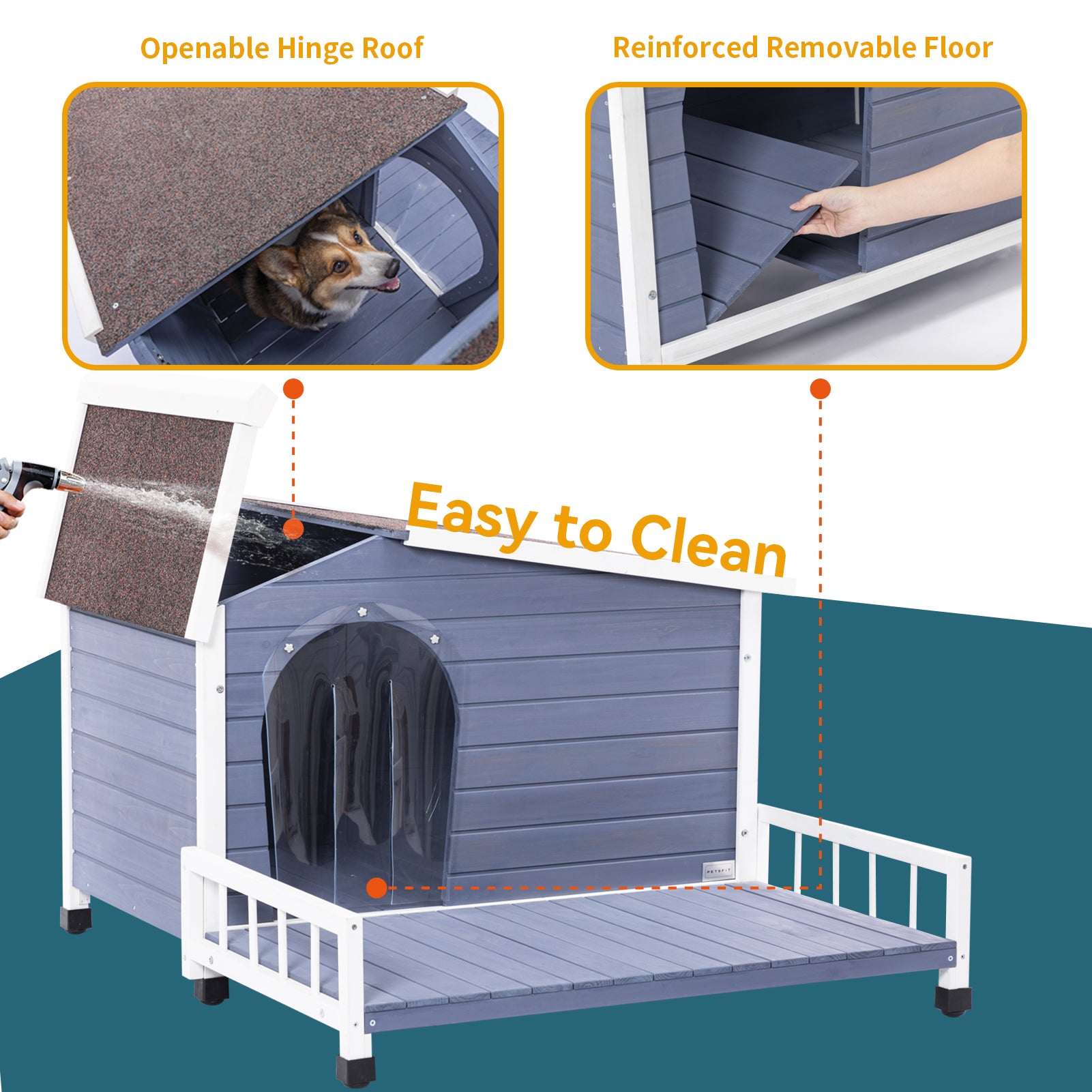 Large Wooden Dog House Indoor Outdoor With Terrace And Open Waterproof Asphalt Roof, Outdoor Dog House With Raised Floor, Windows And Door Curtains, Suitable For Small And Medium Dogs Grey Outdoor Use Dog Solid Wood