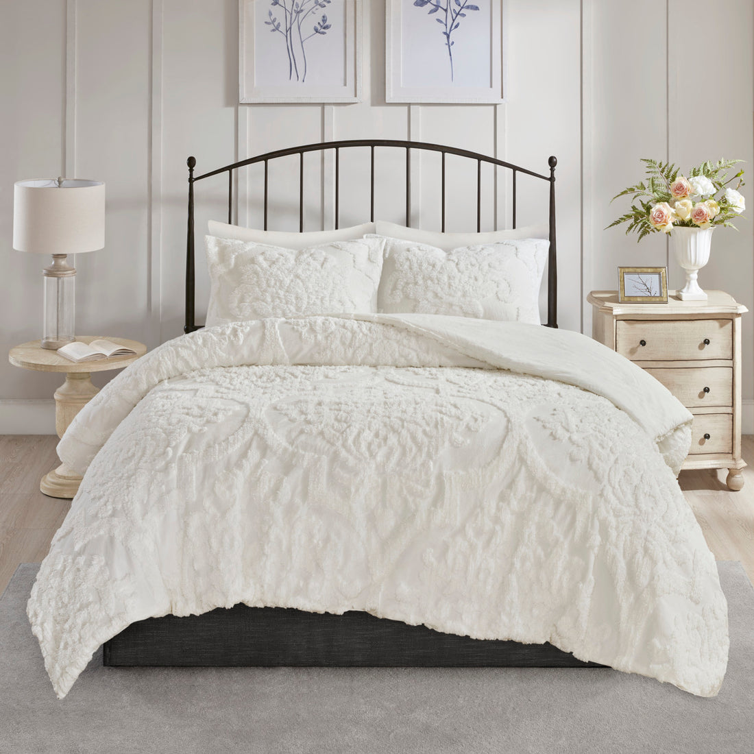 3 Piece Tufted Cotton Chenille Da Comforter Set Off White King Cal King King Off White Cotton