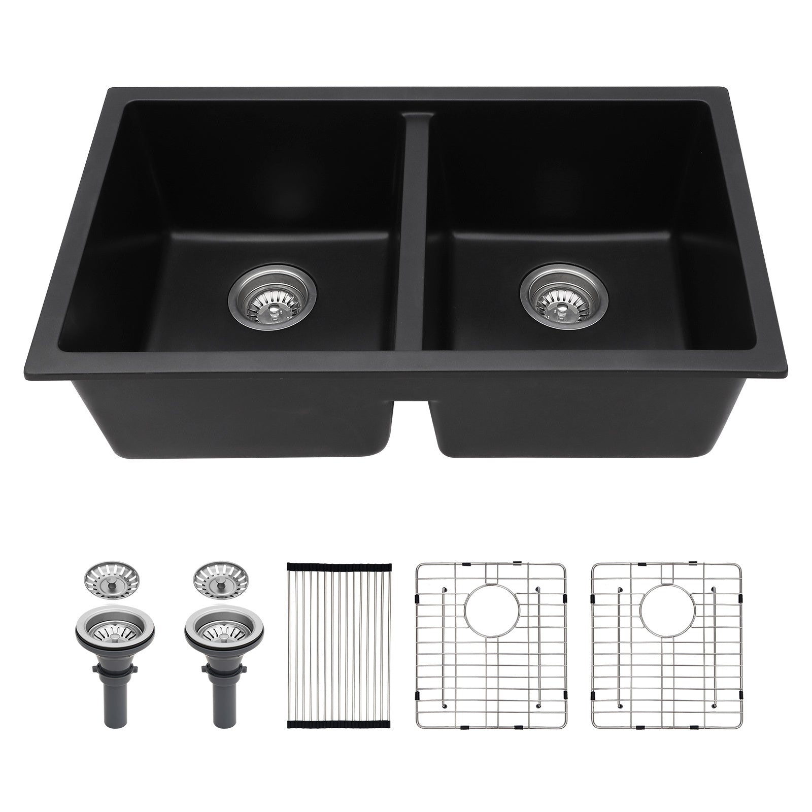 Quartz Kitchen Sink 33X19" Black Granite Composite Undermount Kitchen Sink Double Bowl 50 50 Black Quartz