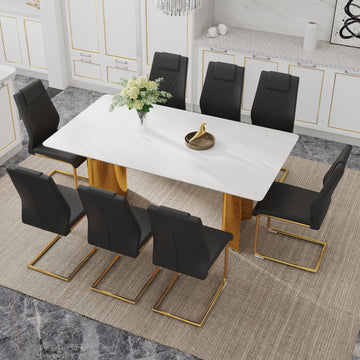 Table And Chair Set.The Table Has A Glass Tabletop With Imitation Marble Pattern Stickers And Stainless Steel Golden Table Legs. Paried With Comfortable Chairs With Pu Seats And Metal Legs. White Gold Seats 8 Glass Metal
