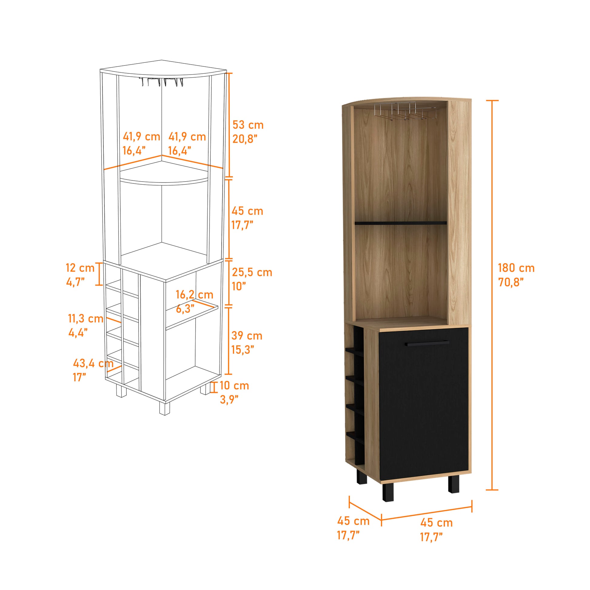 Leah Corner Bar Cabinet In Melamine, Glass Holder, Wine And Wine Rack. Freestanding 5 Or More Spaces Multicolor Primary Living Space Open Storage Space Contemporary Pine Particle Board Melamine