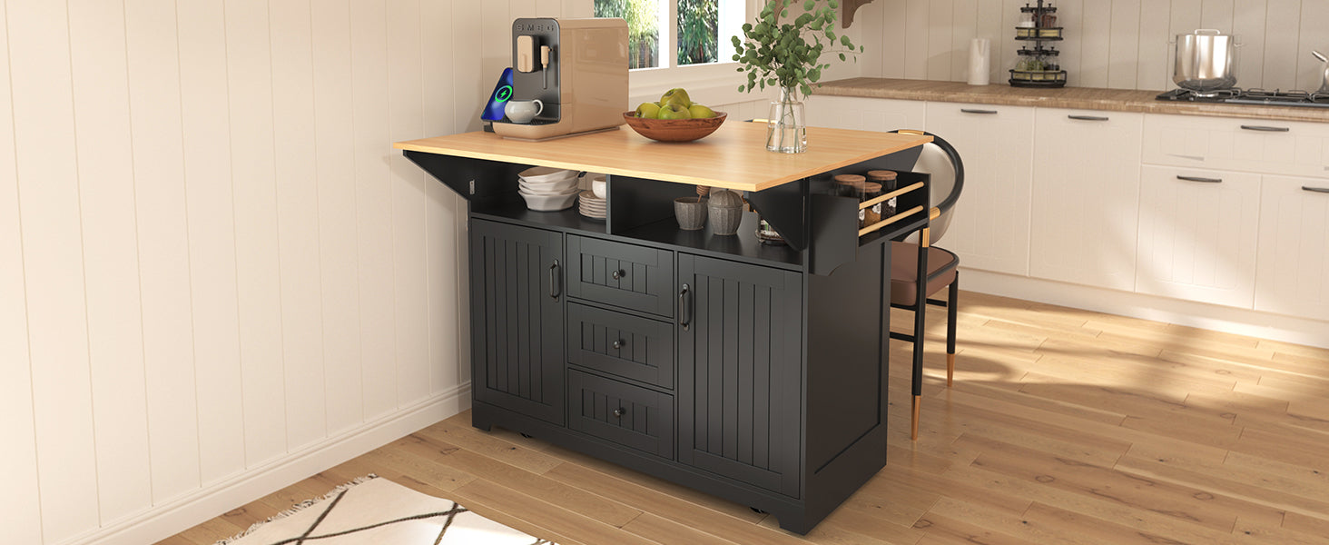 K&K 55.7'' Large Kitchen Island With 2 Drop Leaf, Rolling Kitchen Cart On 5 Wheels With Power Outlet, Folding Storage Dining Table With Spice & Towel Rack3 Drawers, For Kitchen, Dining Room,Black Black Brown Kitchen Classic,Farmhouse,Luxury,Modern