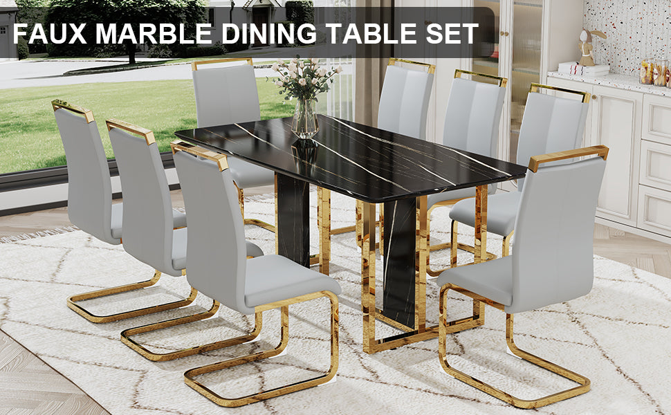 Table And Chair Set. Modern Dining Table With Mdf Top And Beautiful Mdf Legs. Equipped With Comfortable Pu Chairs And Metal Legs. Suitable For A Wide Range Of Decorative Styles. Black,Light Gray Seats 8 Mdf