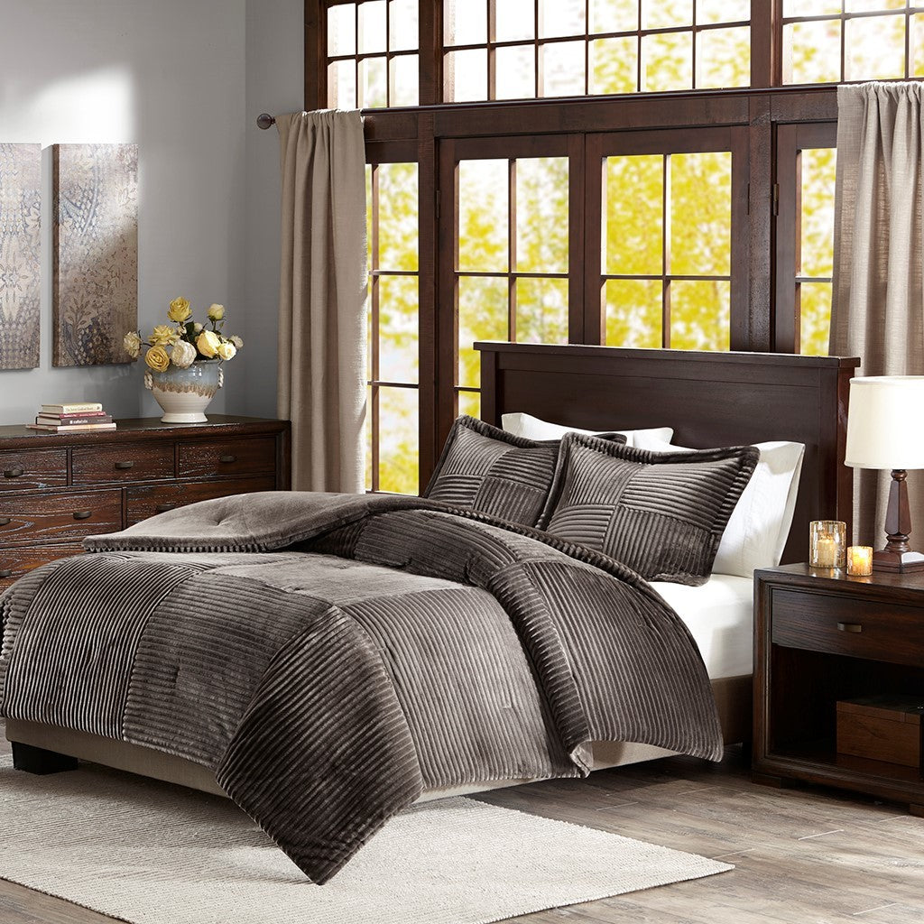 Plush Down Alternative Comforter Set Queen Brown Grey Polyester