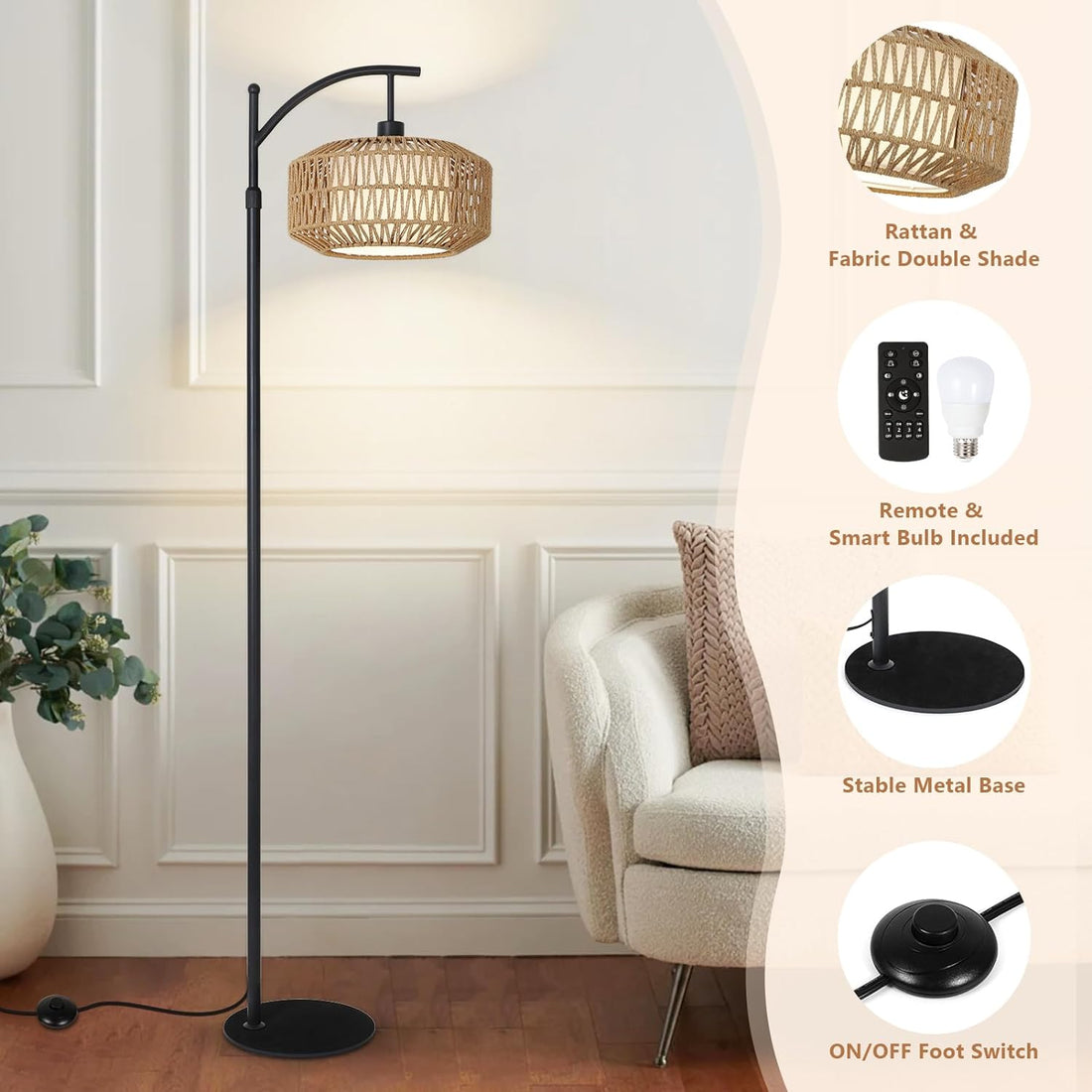 Arc Floor Lamps For Living Room, Dimmable Rattan Floor Lamp With Remote & Led Bulb, Mid Century Modern Standing Lamp With Double Shades, Boho Farmhouse Tall Pole Lamps For Bedroom Office Brown Black Rattan Metal