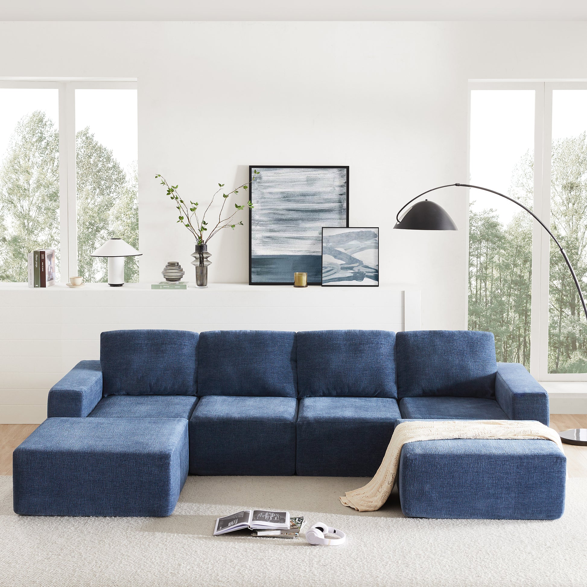 110*72" Modular U Shaped Sectional Sofa,Luxury Chenille Floor Couch Set,Upholstered Indoor Furniture,Foam Filled Sleeper Sofa Bed For Living Room,Bedroom,Free Combination,3 Colors Navy Polyester 6 Seat