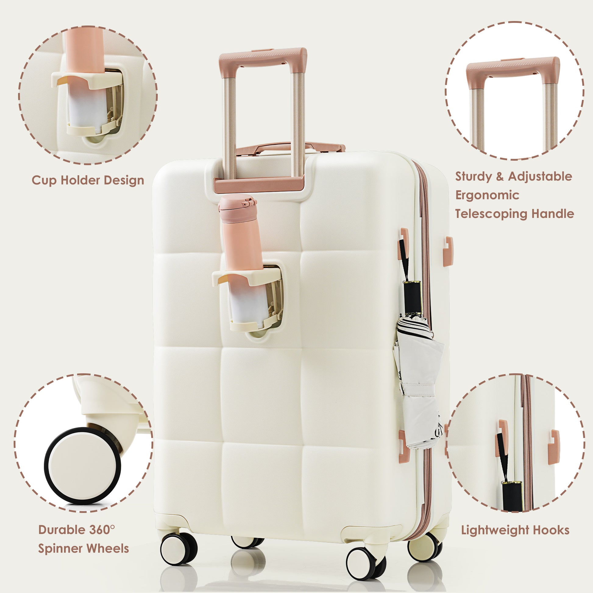 Luggage Set Of 3, 20 Inch With Usb Port, Airline Certified Carry On Luggage With Cup Holder, Abs Hard Shell Luggage With Spinner Wheels, White Beige Gold Abs