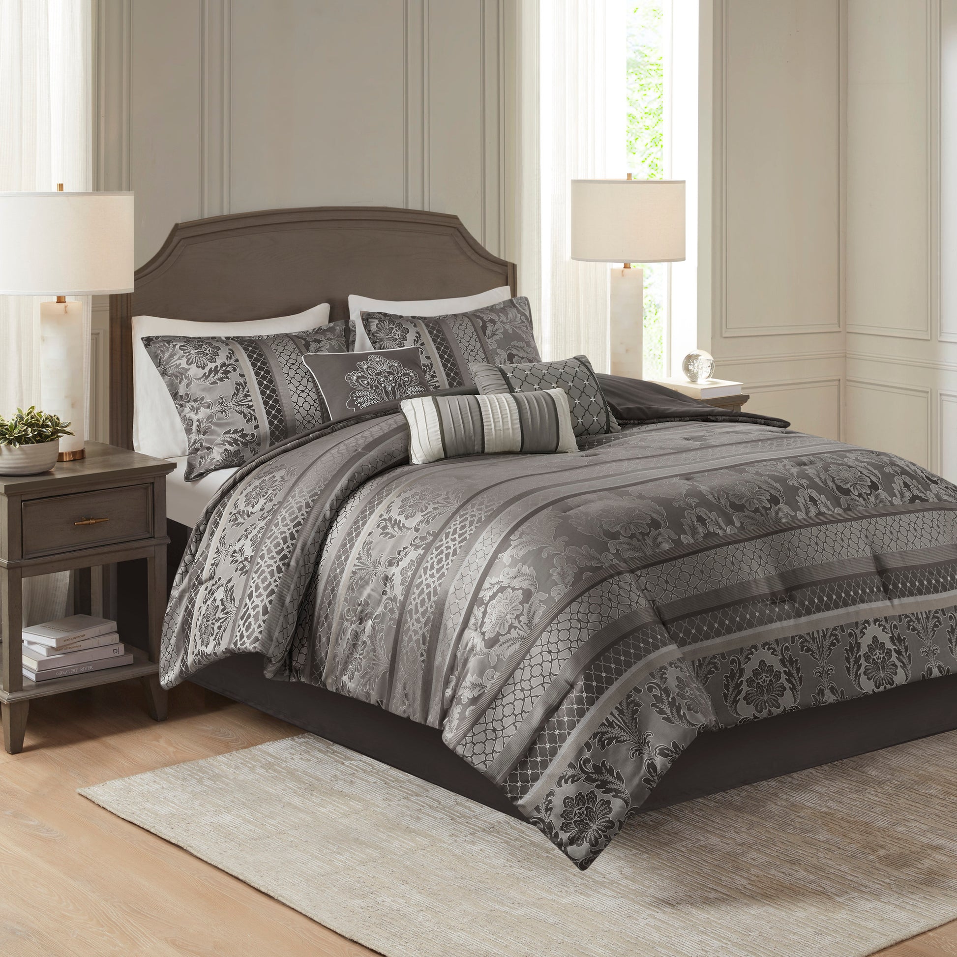 7 Piece Jacquard Comforter Set Grey King King Grey Polyester
