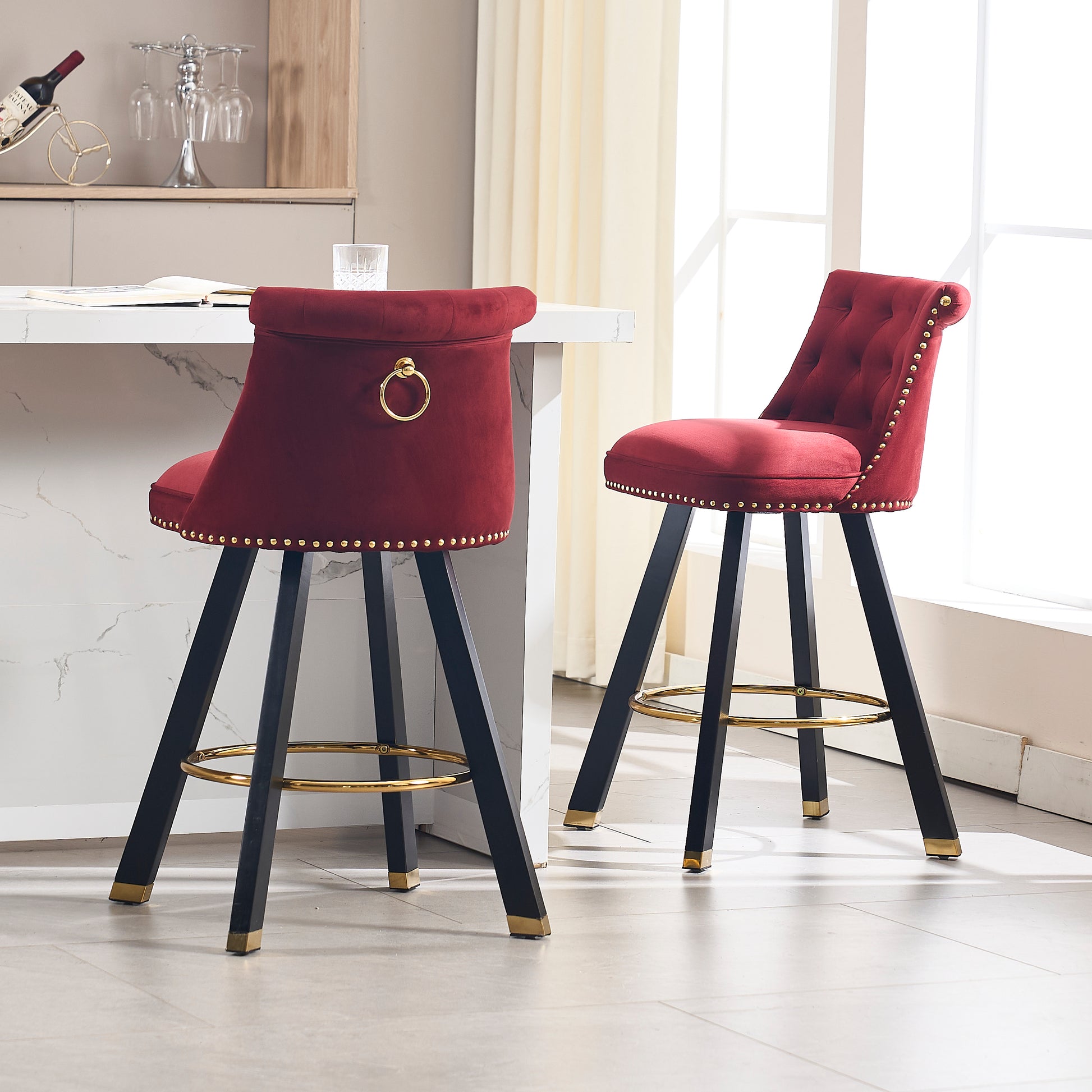 Coolmore Set Of 2,Back Pull Point Design, Velvet Material, 360 Degree Rotation, Back Pull Loop Detachable Design, Rivet Decoration, Square Foot Wooden Bar Chair Red Velvet