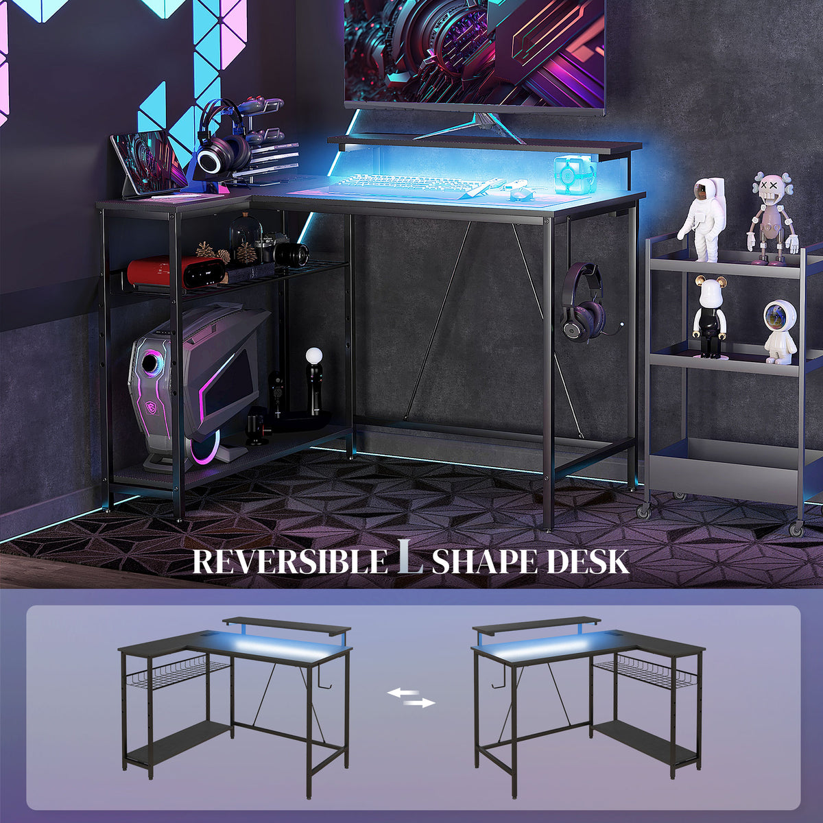 HOMCOM Reversible 'L' LED Light Gaming/Work Desk - Black | Aosom UK HOMCOM Reversible 'L' LED Light Gaming/Work Desk - Black | Aosom UK